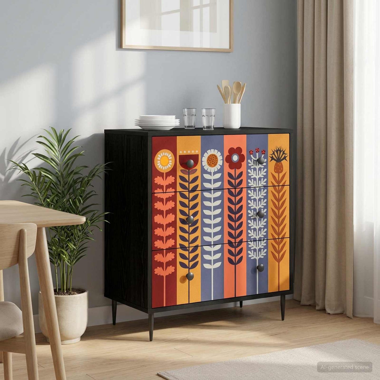 Ladekast ESSEN Zonnebloemprint 66 x 36,5 x 76 cm Bewerkt hout is nu te koop bij PeponiXL, paradijselijk wonen!