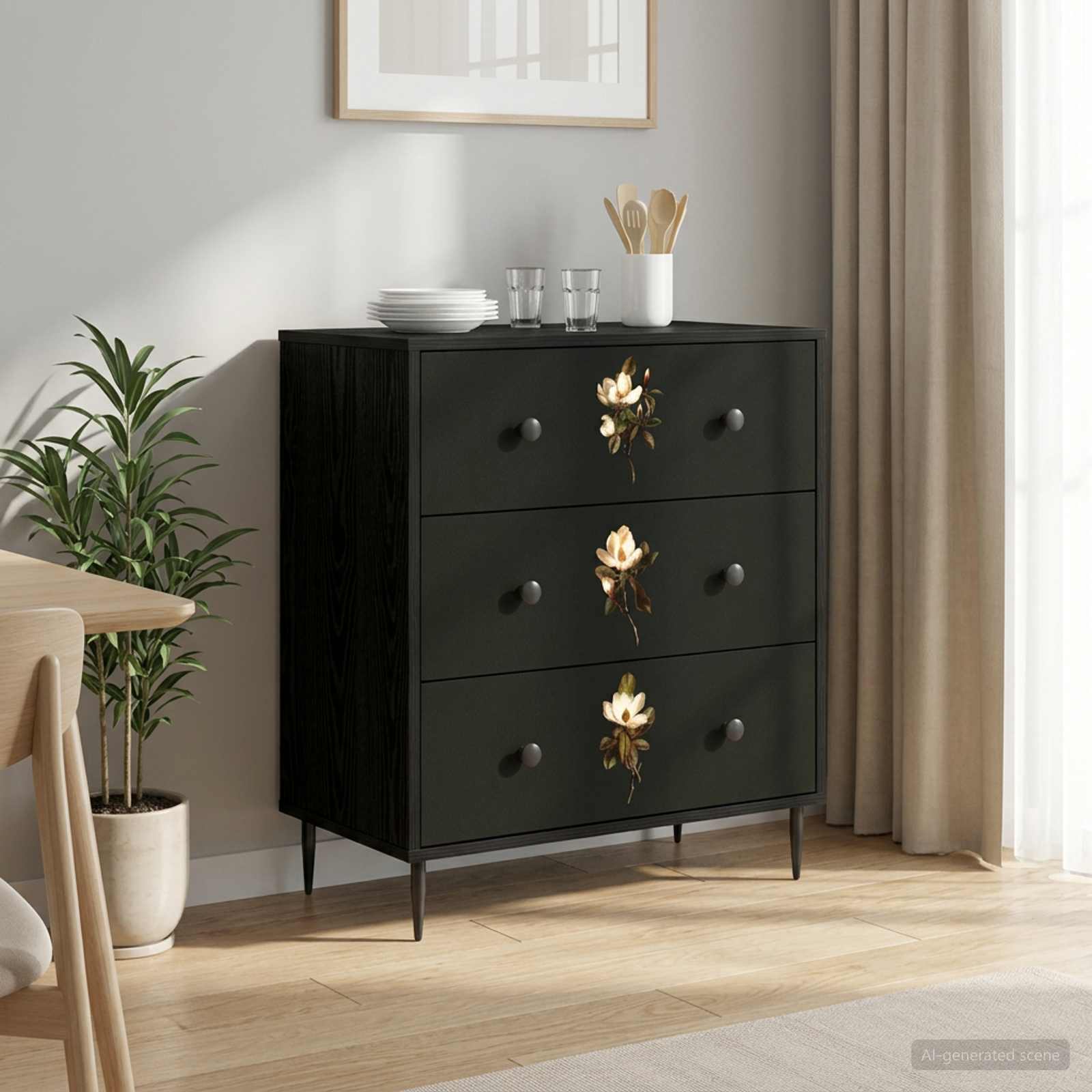 Ladekast BREMEN Magnolia print 66 x 36,5 x 76 cm Bewerkt hout is nu te koop bij PeponiXL, paradijselijk wonen!