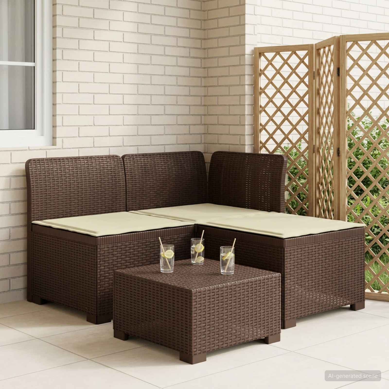3-zits tuinbank met kussens in rattanlook PP Bruin is nu te koop bij PeponiXL, paradijselijk wonen!