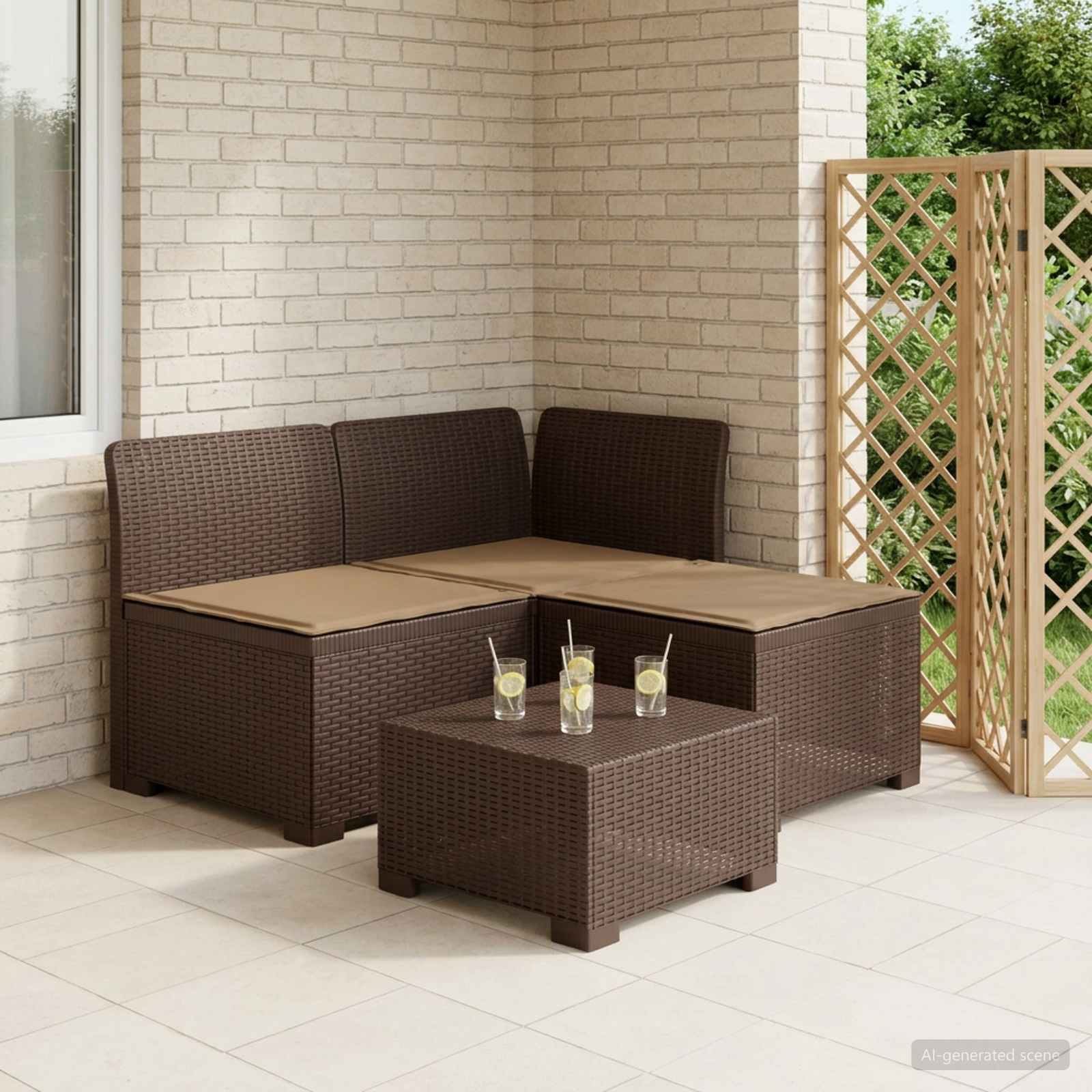 3-zits tuinbank met kussens in rattanlook PP Bruin is nu te koop bij PeponiXL, paradijselijk wonen!