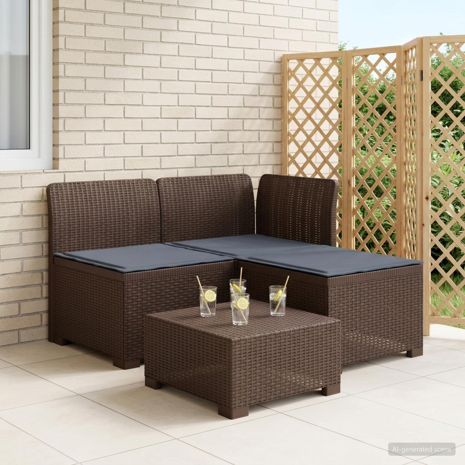 3-zits tuinbank met kussens in rattanlook PP Bruin is nu te koop bij PeponiXL, paradijselijk wonen!
