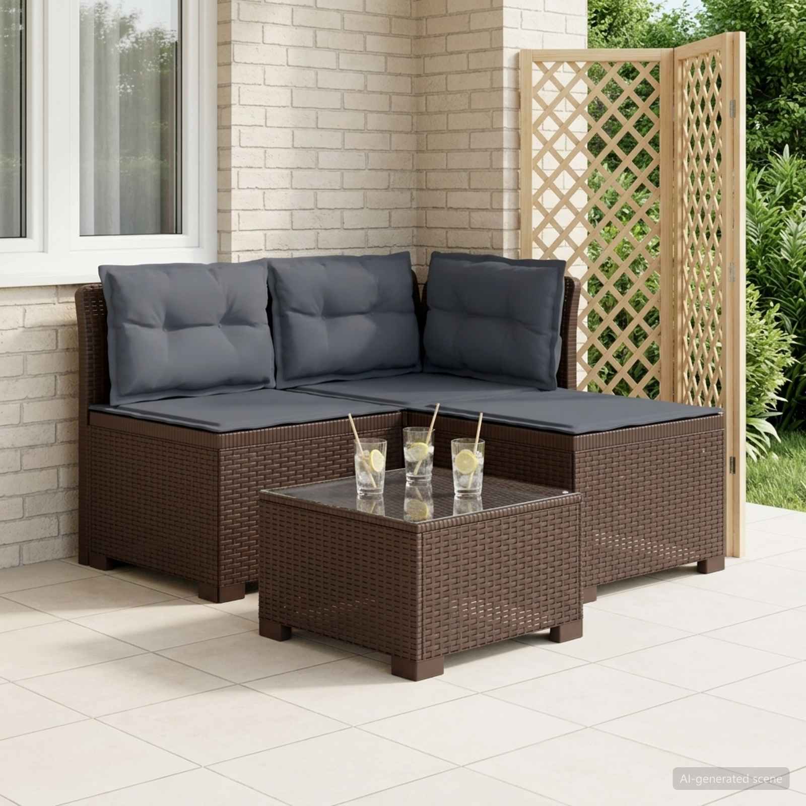 3-zits tuinbank met kussens in rattanlook PP Bruin is nu te koop bij PeponiXL, paradijselijk wonen!