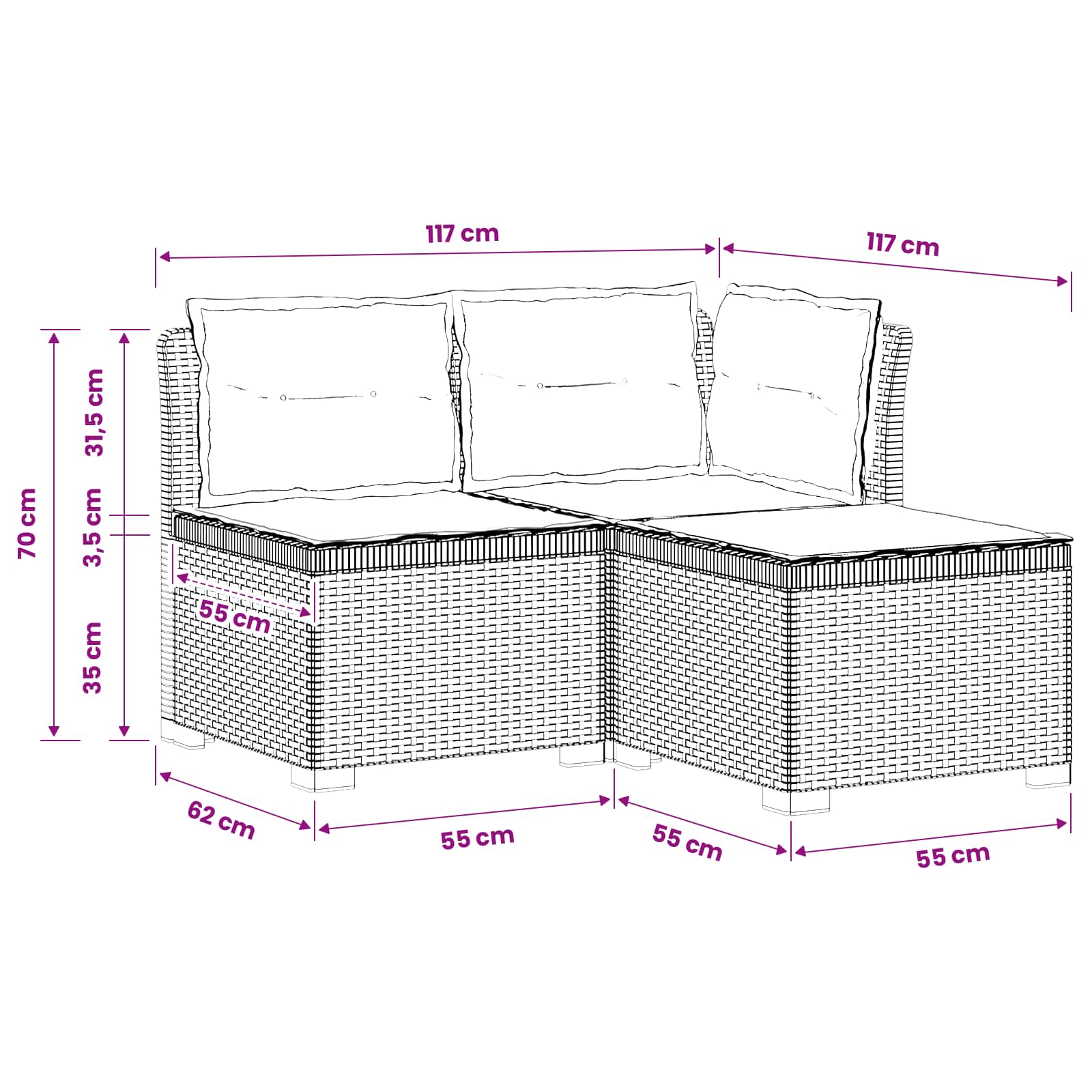 3-zits tuinbank met kussens in rattanlook PP Wit is nu te koop bij PeponiXL, paradijselijk wonen!