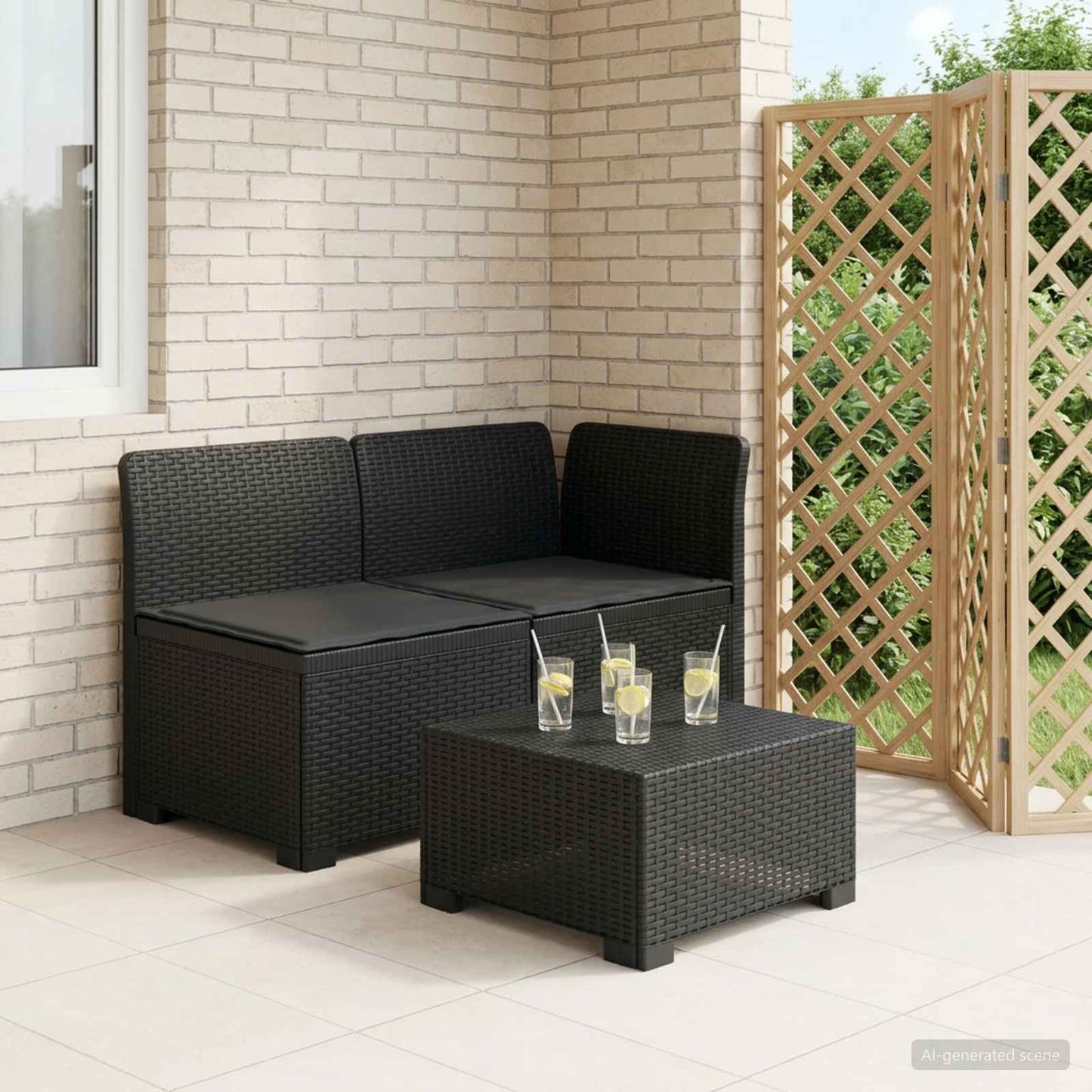 Tweedelige Tuinbank met Kussens Rattan Look PP Antraciet is nu te koop bij PeponiXL, paradijselijk wonen!