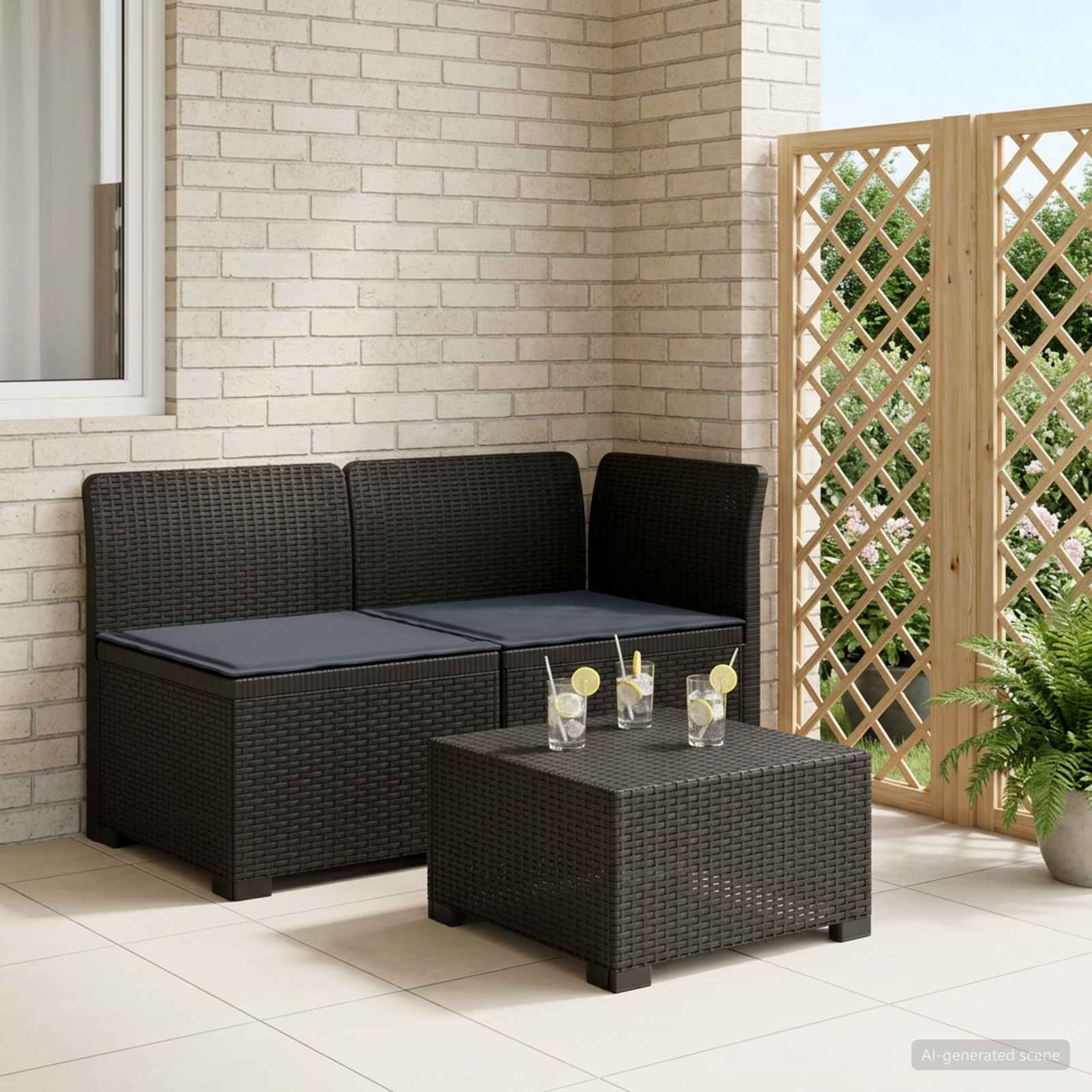 Tweedelige Tuinbank met Kussens Rattan Look PP Antraciet is nu te koop bij PeponiXL, paradijselijk wonen!