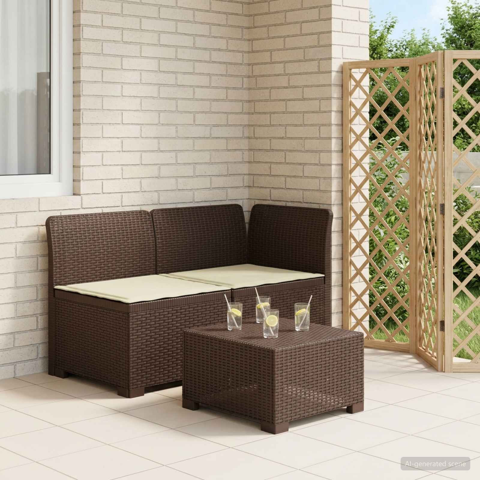 Tweedelige Tuinbank met Kussens Rattan Look PP Bruin is nu te koop bij PeponiXL, paradijselijk wonen!