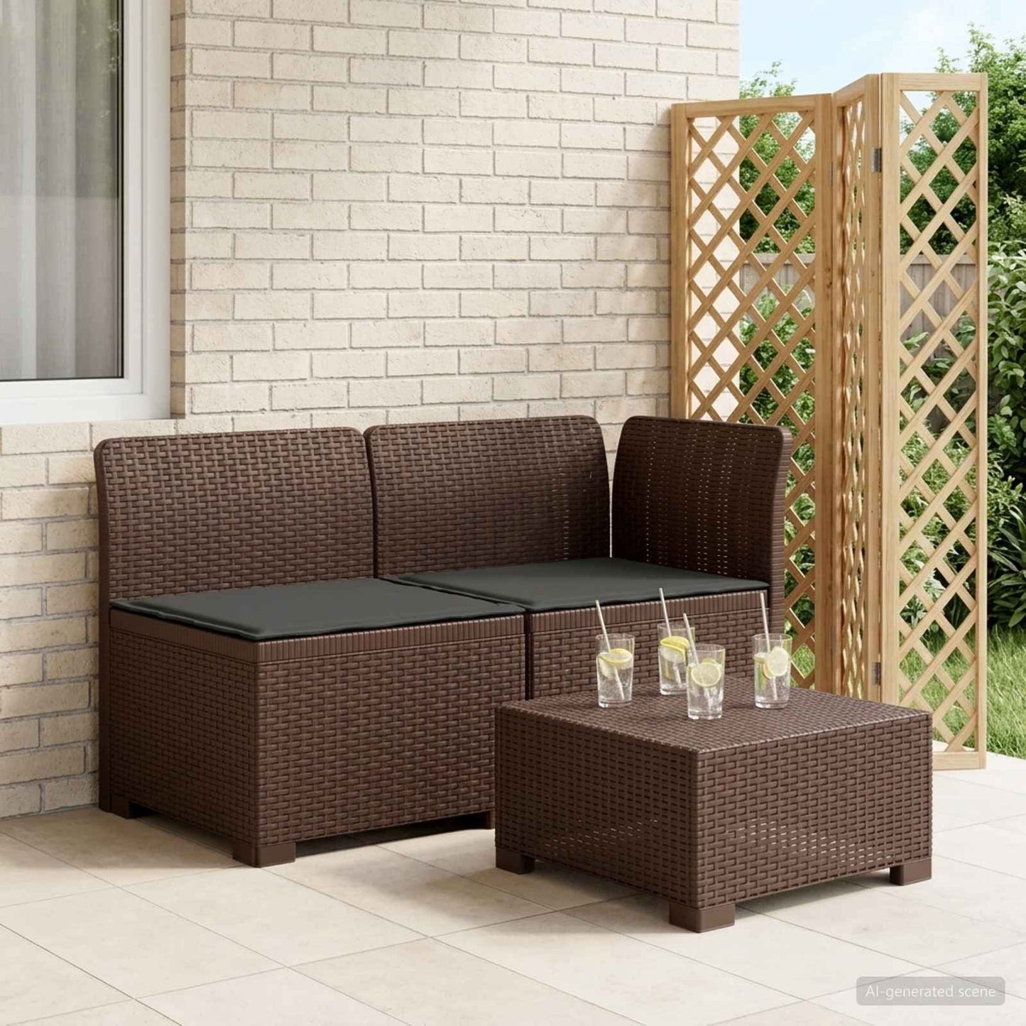 Tweedelige Tuinbank met Kussens Rattan Look PP Bruin is nu te koop bij PeponiXL, paradijselijk wonen!