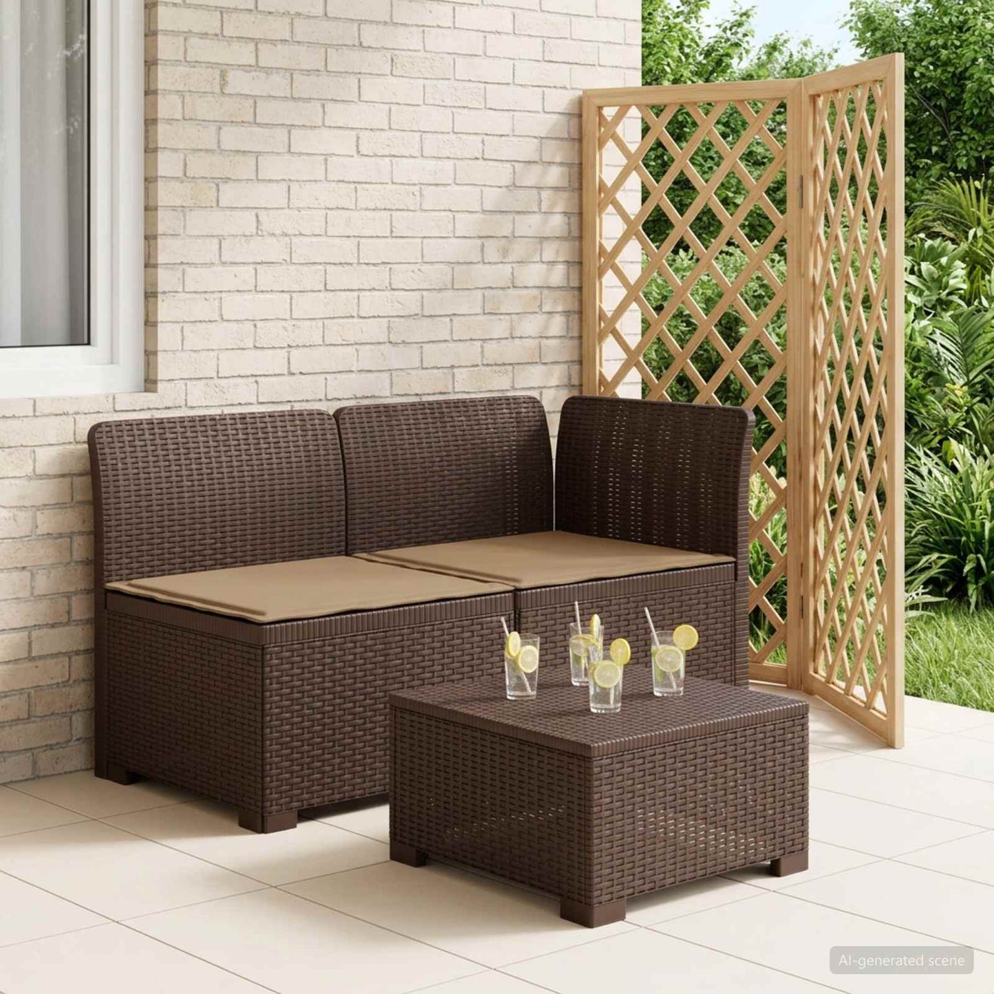Tweedelige Tuinbank met Kussens Rattan Look PP Bruin is nu te koop bij PeponiXL, paradijselijk wonen!