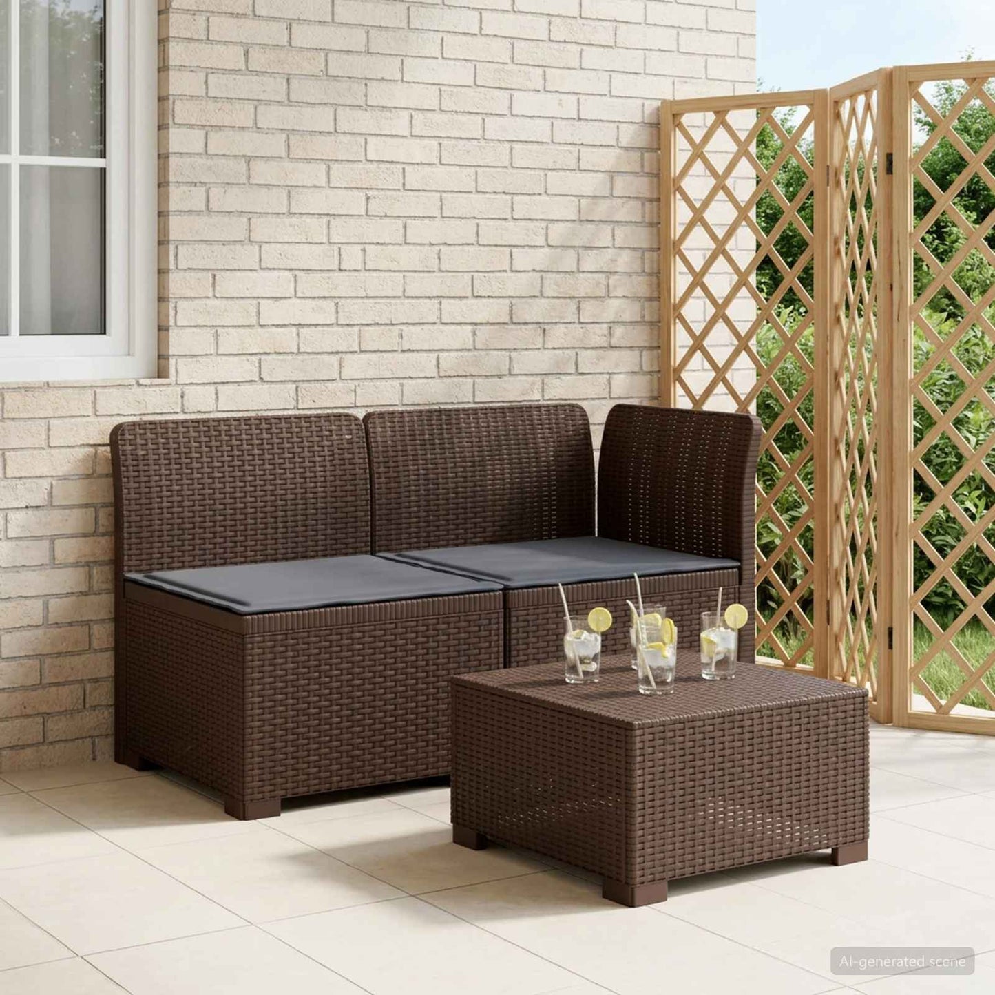 Tweedelige Tuinbank met Kussens Rattan Look PP Bruin is nu te koop bij PeponiXL, paradijselijk wonen!