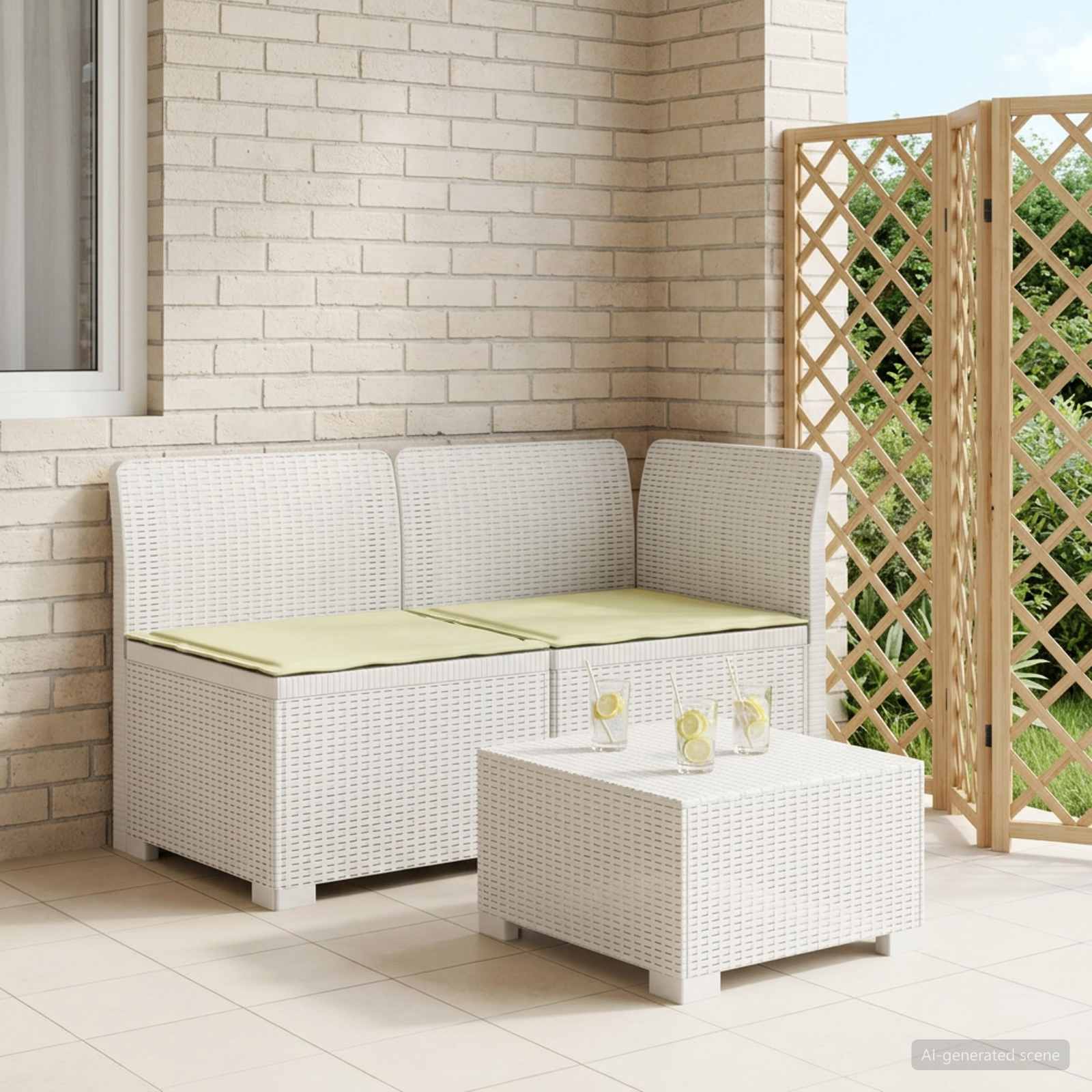 Tweedelige Tuinbank met Kussens Rattan Look PP Wit is nu te koop bij PeponiXL, paradijselijk wonen!