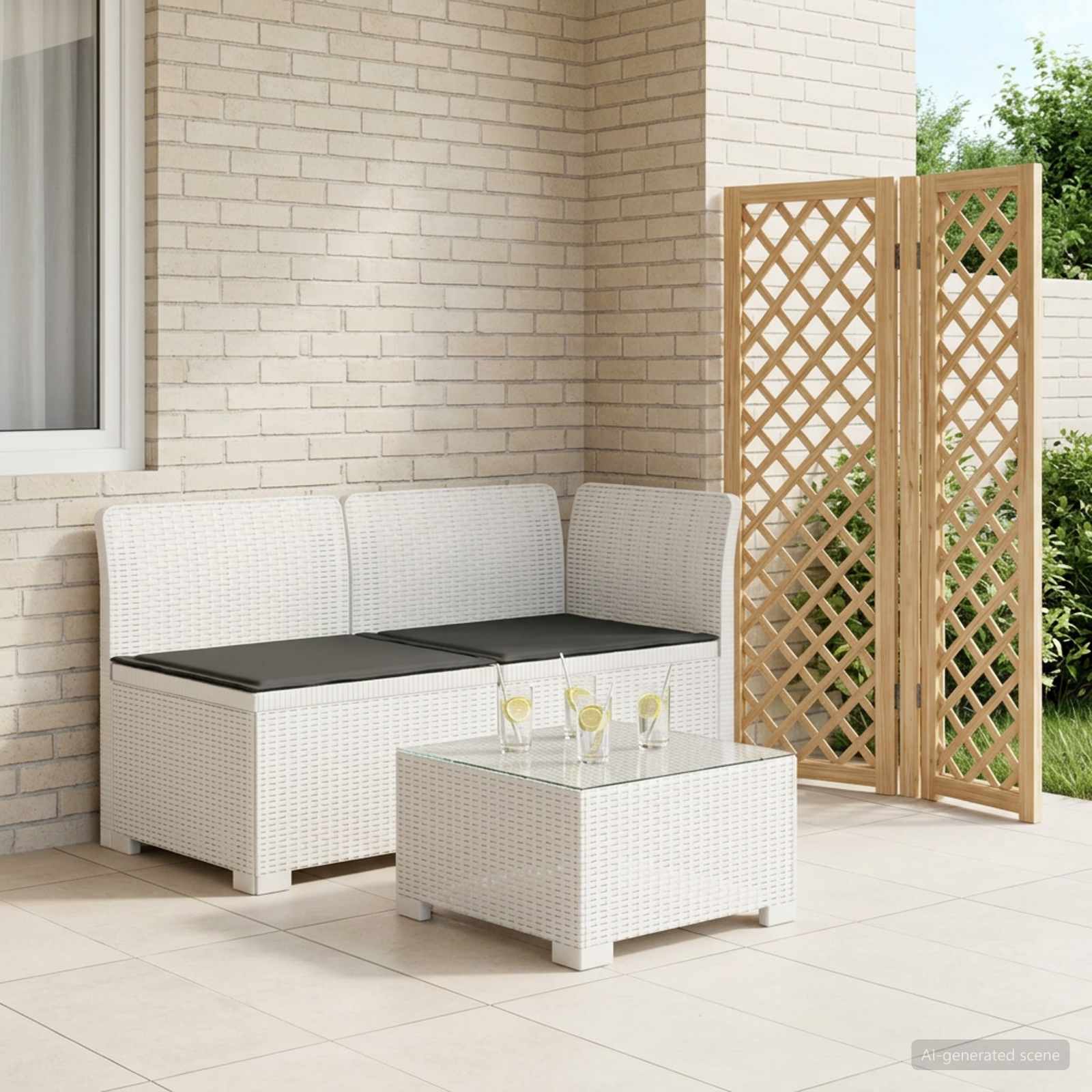 Tweedelige Tuinbank met Kussens Rattan Look PP Wit is nu te koop bij PeponiXL, paradijselijk wonen!