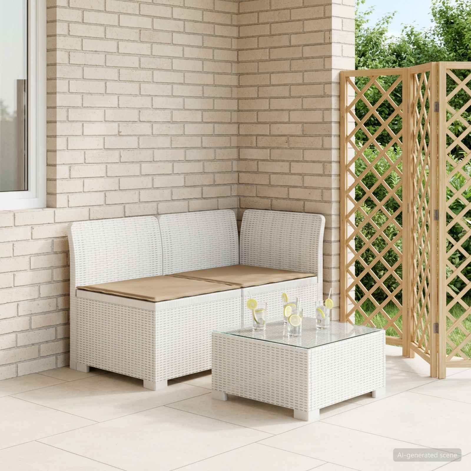 Tweedelige Tuinbank met Kussens Rattan Look PP Wit is nu te koop bij PeponiXL, paradijselijk wonen!