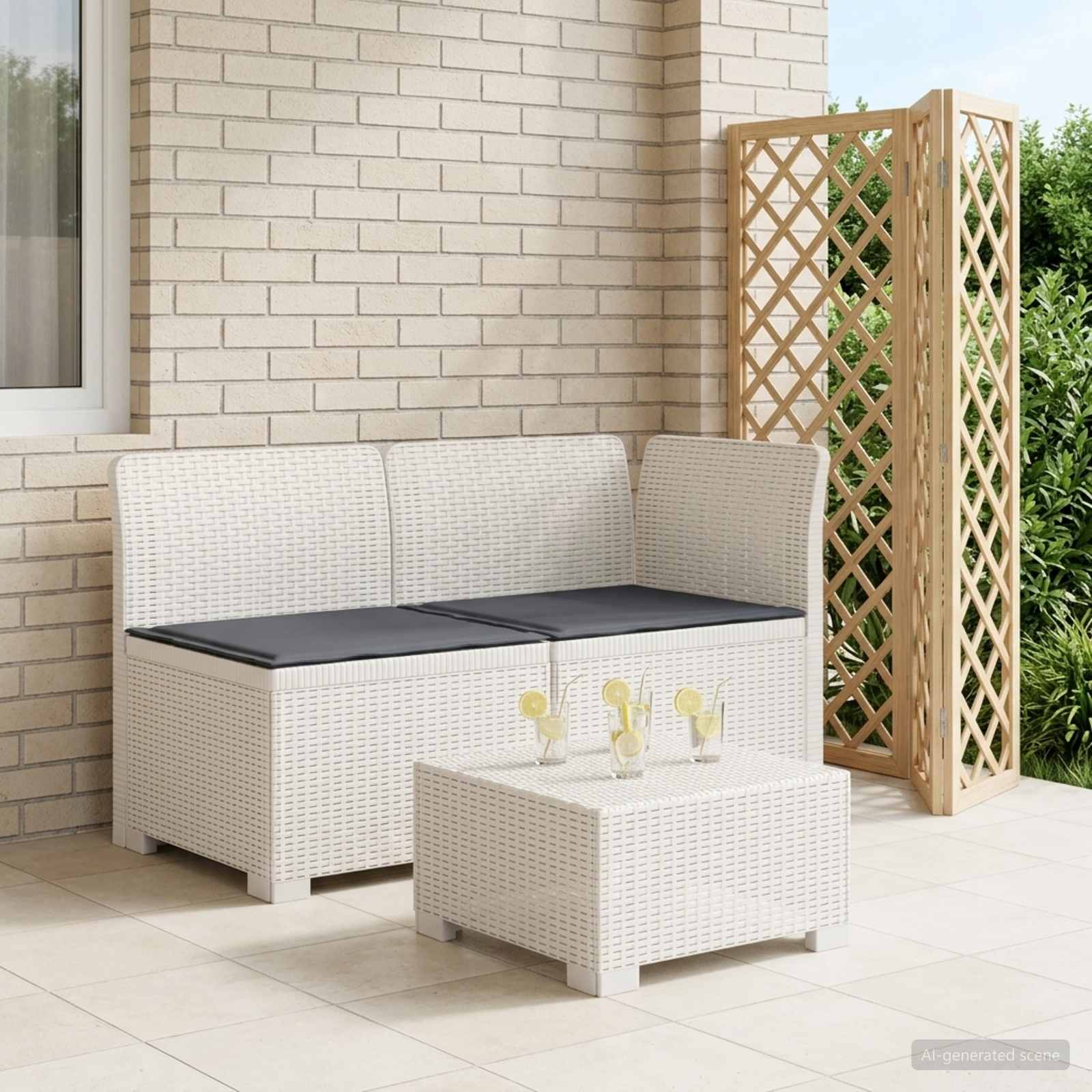 Tweedelige Tuinbank met Kussens Rattan Look PP Wit is nu te koop bij PeponiXL, paradijselijk wonen!