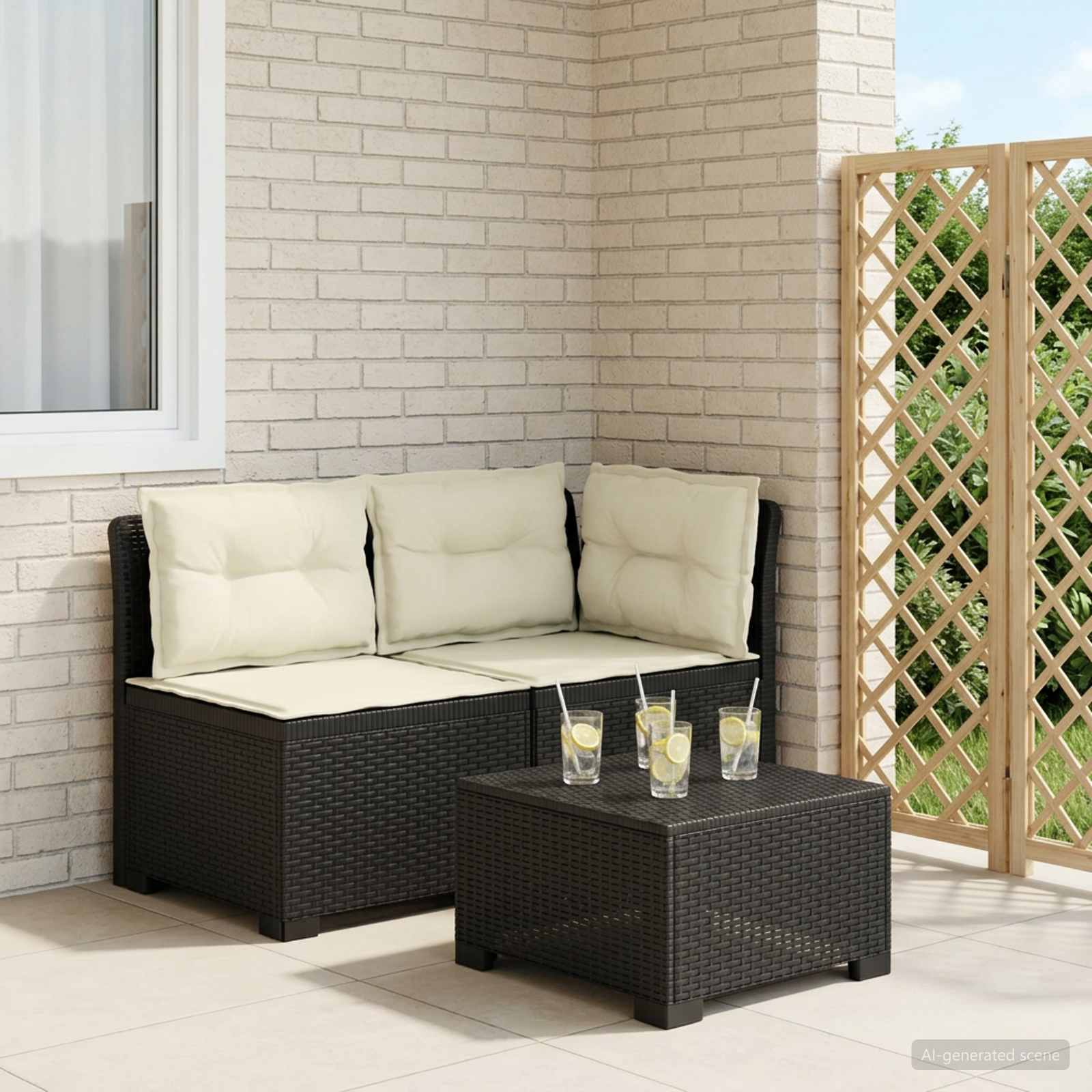 Tweedelige Tuinbank met Kussens Rattan Look PP Antraciet is nu te koop bij PeponiXL, paradijselijk wonen!