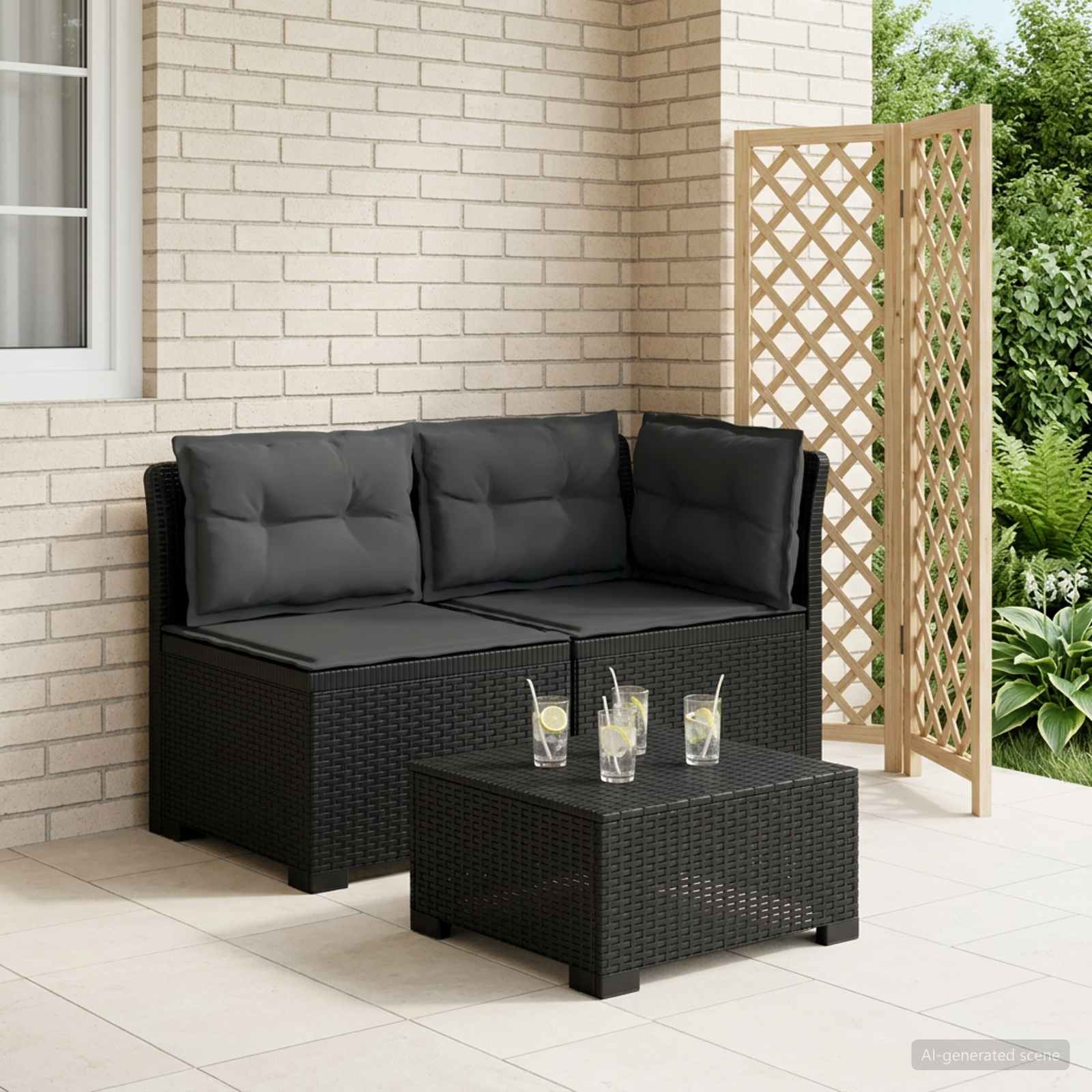 Tweedelige Tuinbank met Kussens Rattan Look PP Antraciet is nu te koop bij PeponiXL, paradijselijk wonen!