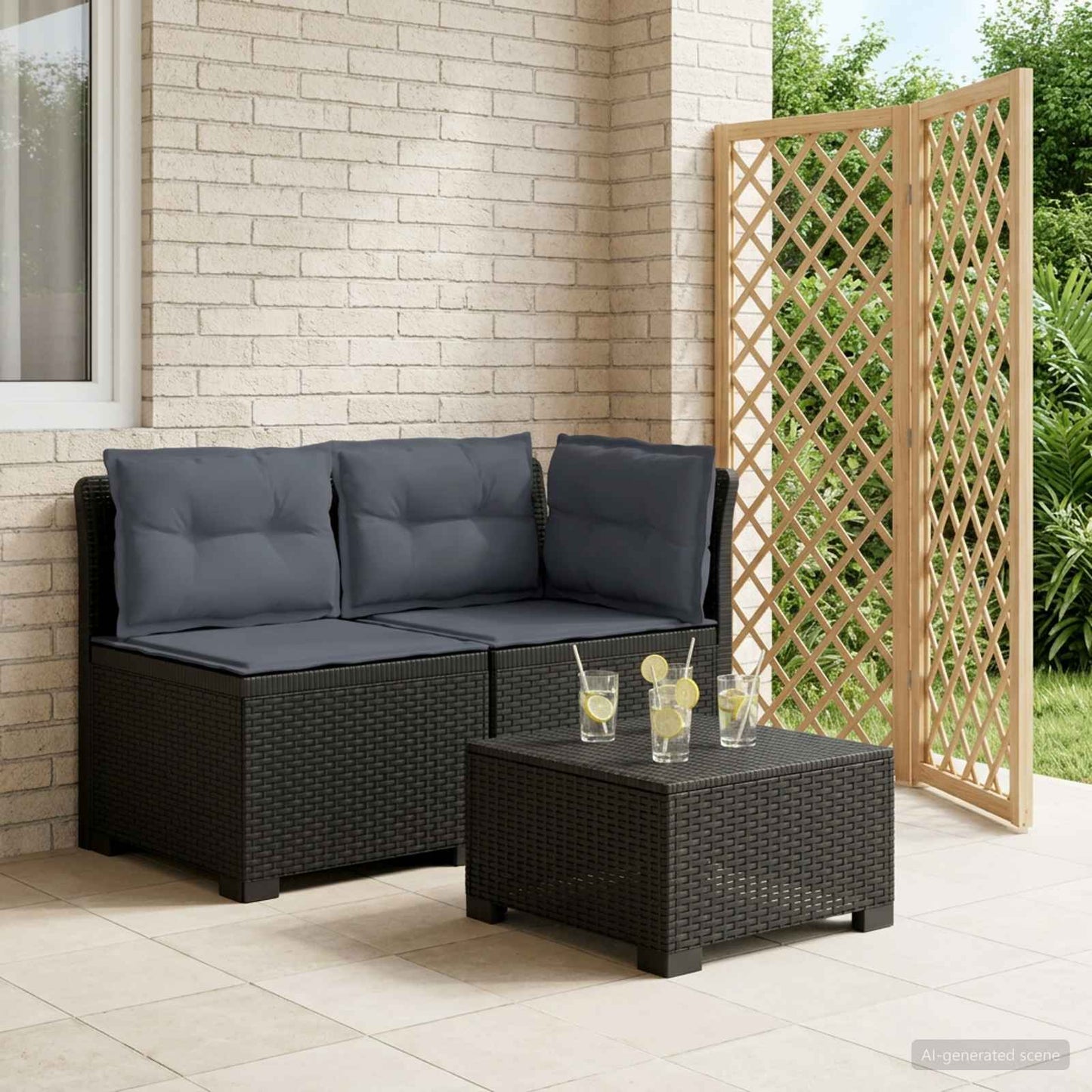 Tweedelige Tuinbank met Kussens Rattan Look PP Antraciet is nu te koop bij PeponiXL, paradijselijk wonen!