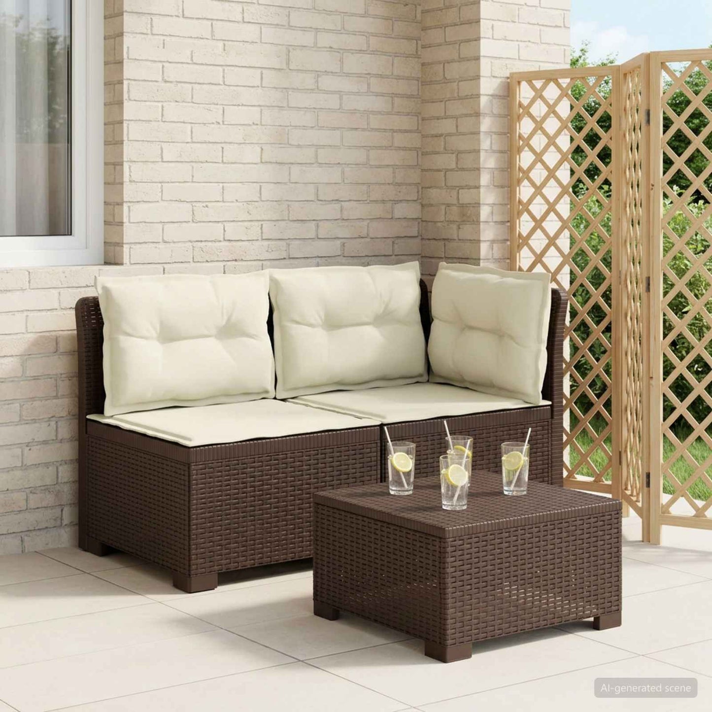 Tweedelige Tuinbank met Kussens Rattan Look PP Bruin is nu te koop bij PeponiXL, paradijselijk wonen!