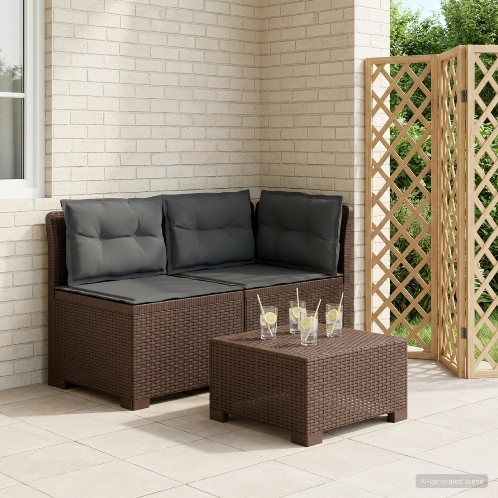 Tweedelige Tuinbank met Kussens Rattan Look PP Bruin is nu te koop bij PeponiXL, paradijselijk wonen!