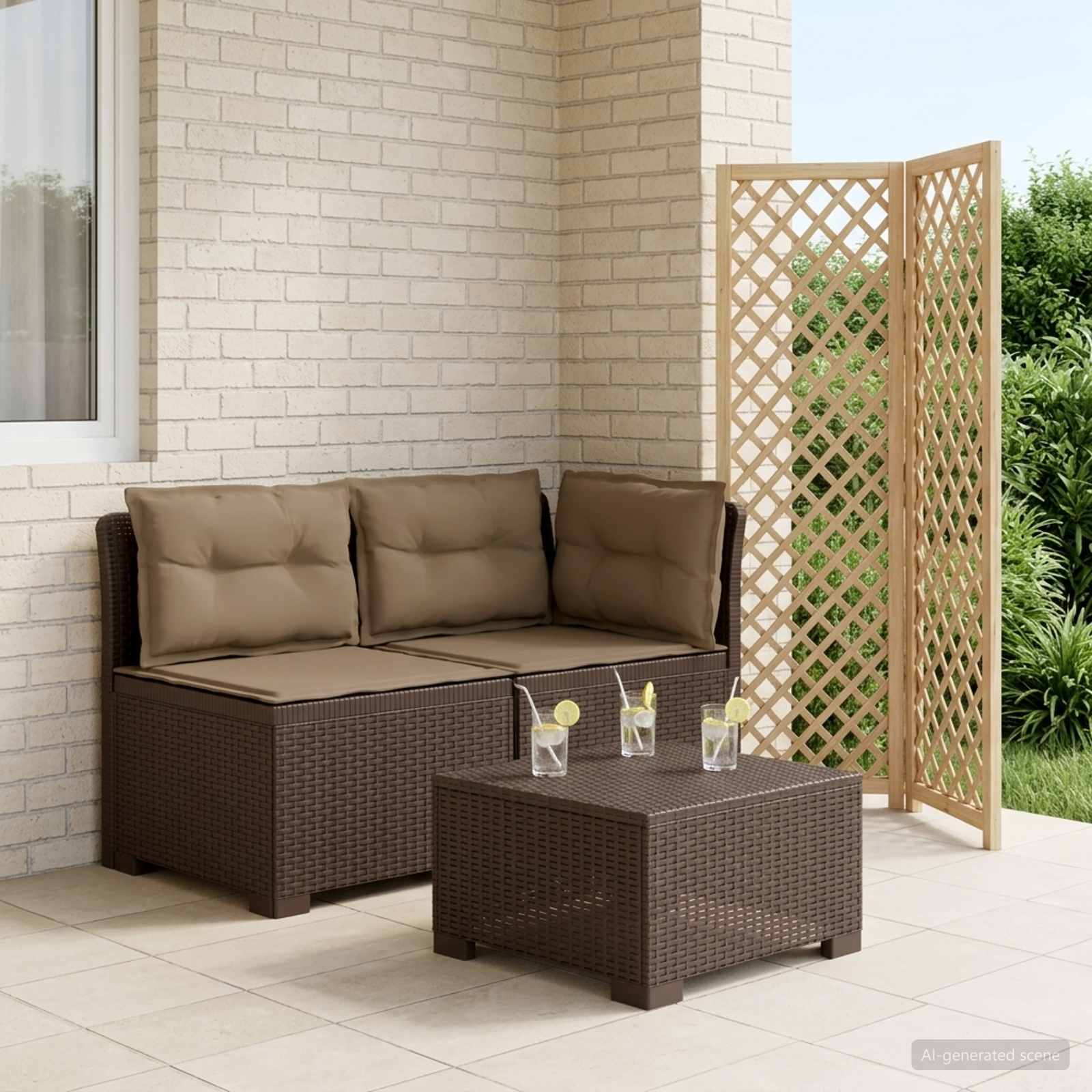 Tweedelige Tuinbank met Kussens Rattan Look PP Bruin is nu te koop bij PeponiXL, paradijselijk wonen!
