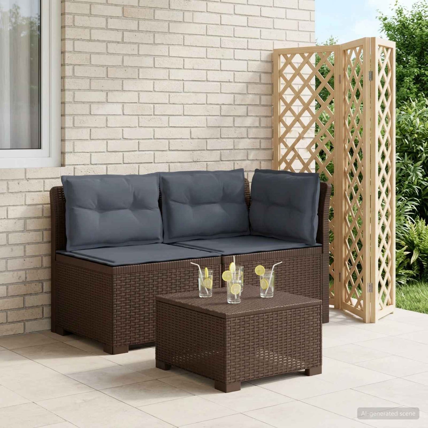 Tweedelige Tuinbank met Kussens Rattan Look PP Bruin is nu te koop bij PeponiXL, paradijselijk wonen!