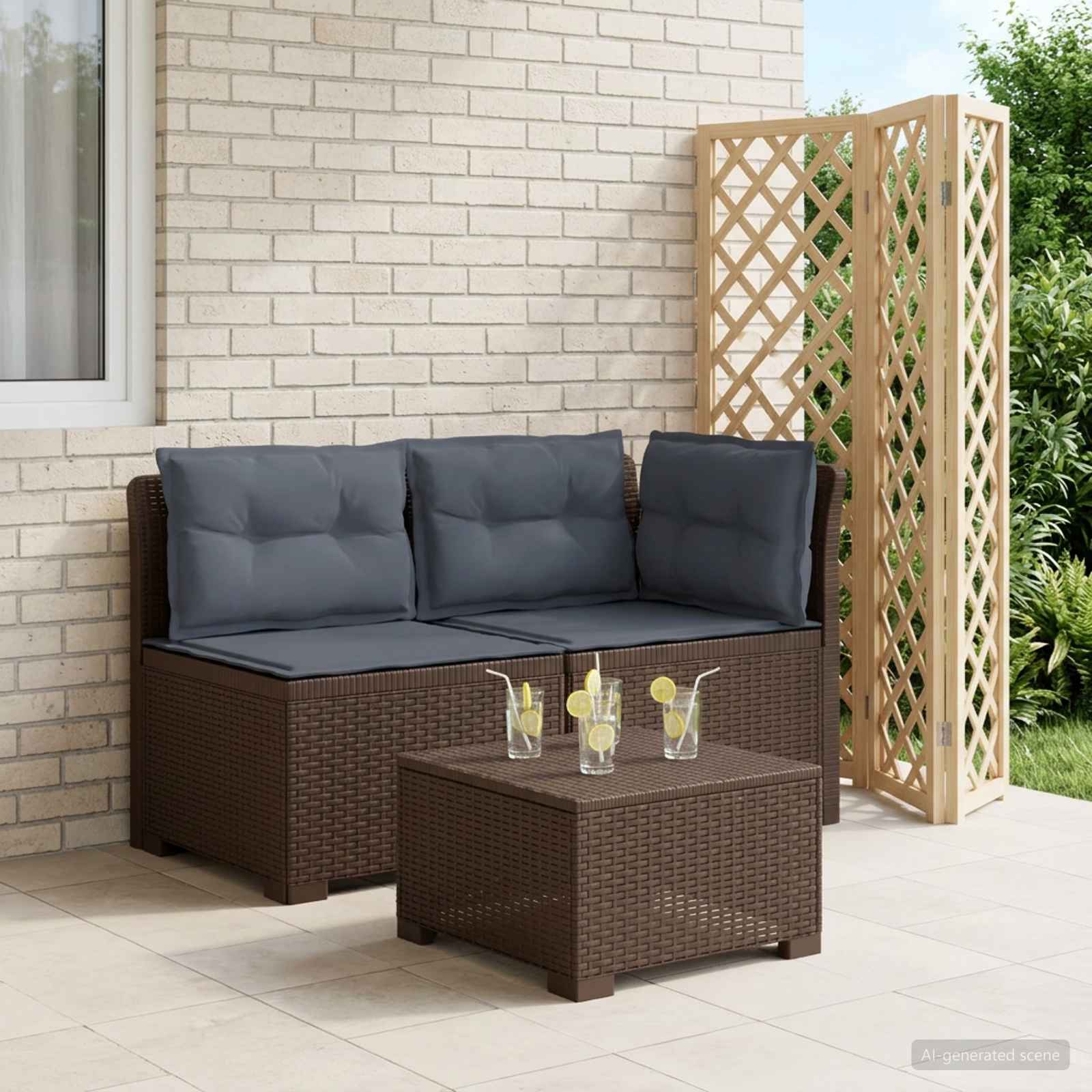 Tweedelige Tuinbank met Kussens Rattan Look PP Bruin is nu te koop bij PeponiXL, paradijselijk wonen!