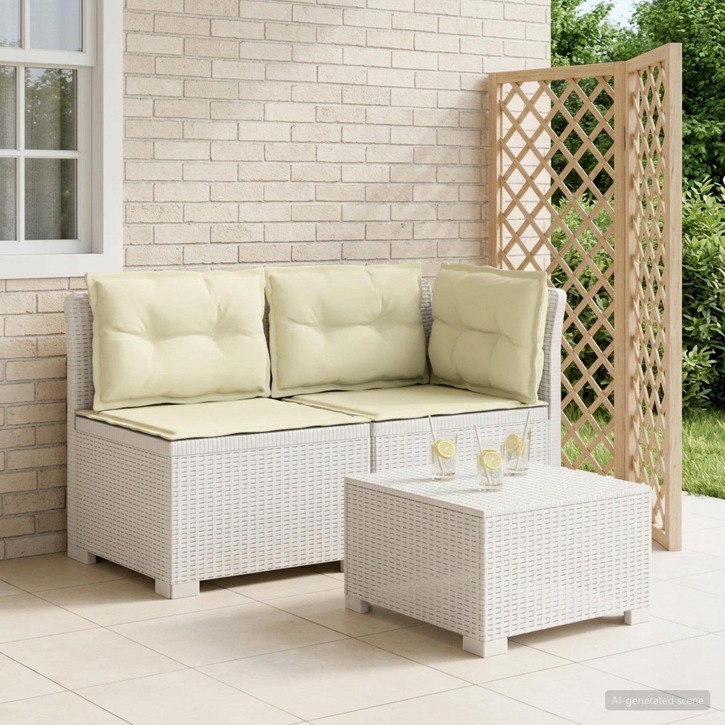 Tweedelige Tuinbank met Kussens Rattan Look PP Wit is nu te koop bij PeponiXL, paradijselijk wonen!