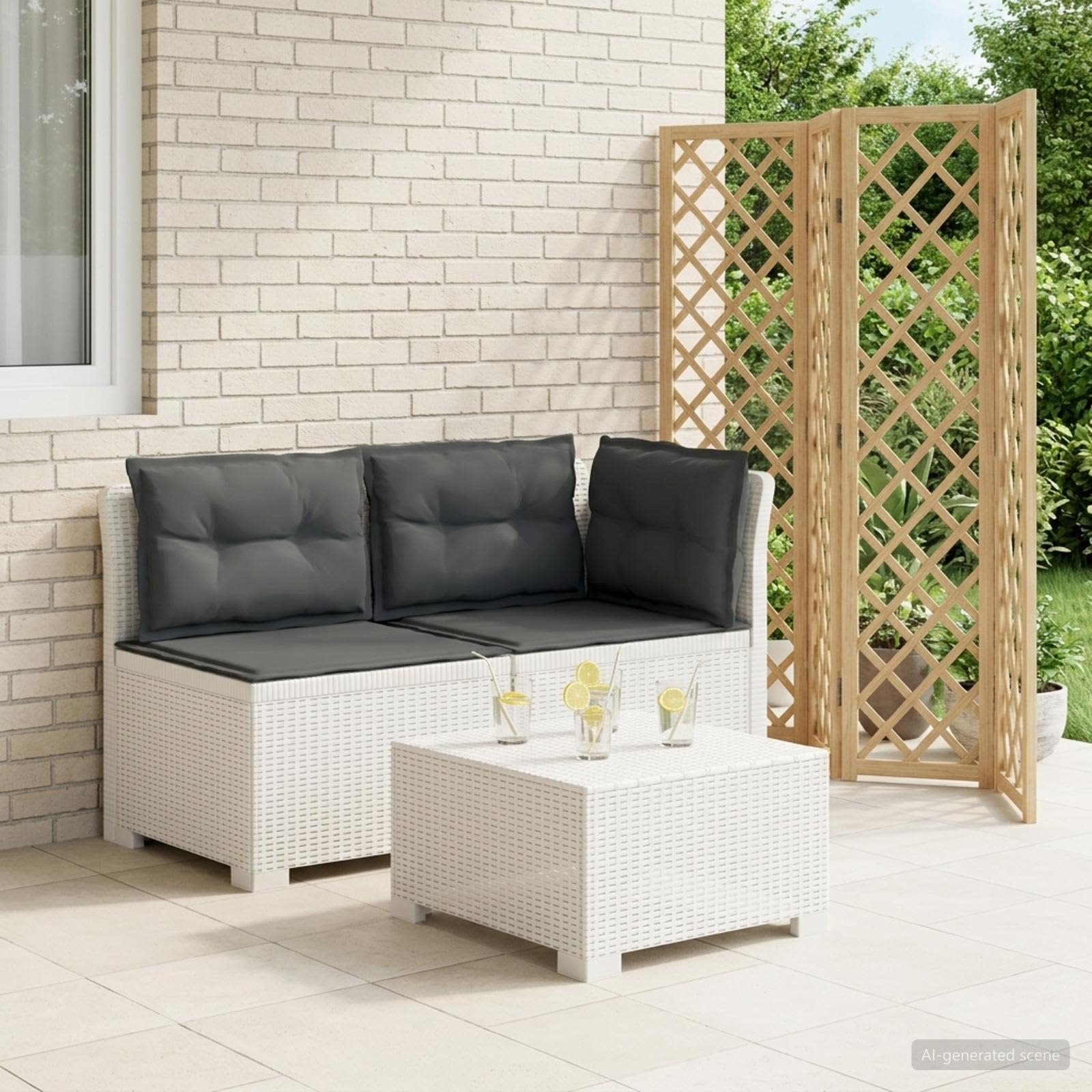 Tweedelige Tuinbank met Kussens Rattan Look PP Wit is nu te koop bij PeponiXL, paradijselijk wonen!