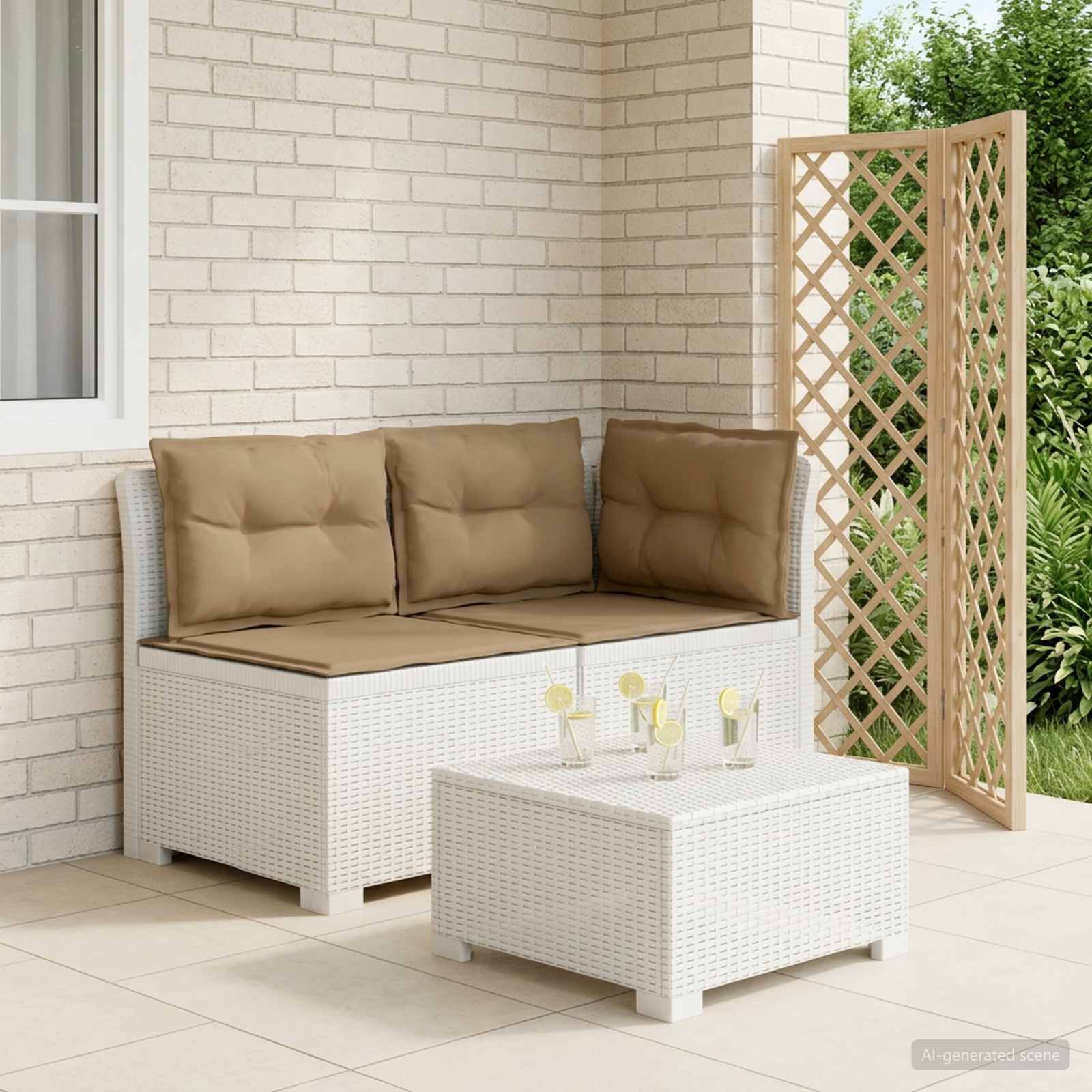 Tweedelige Tuinbank met Kussens Rattan Look PP Wit is nu te koop bij PeponiXL, paradijselijk wonen!