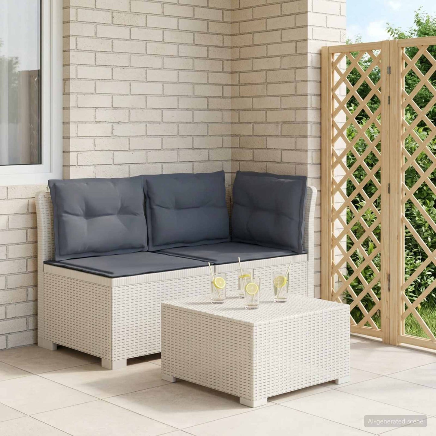 Tweedelige Tuinbank met Kussens Rattan Look PP Wit is nu te koop bij PeponiXL, paradijselijk wonen!