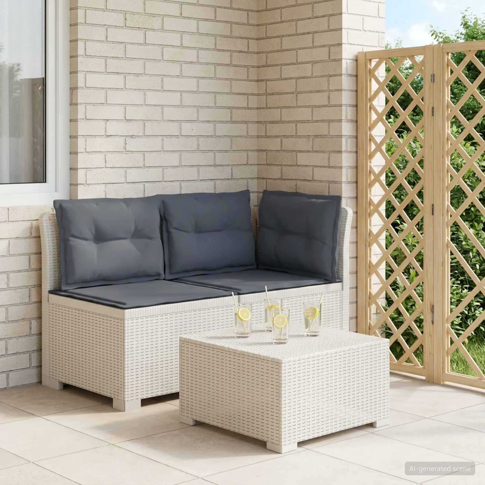 Tweedelige Tuinbank met Kussens Rattan Look PP Wit is nu te koop bij PeponiXL, paradijselijk wonen!