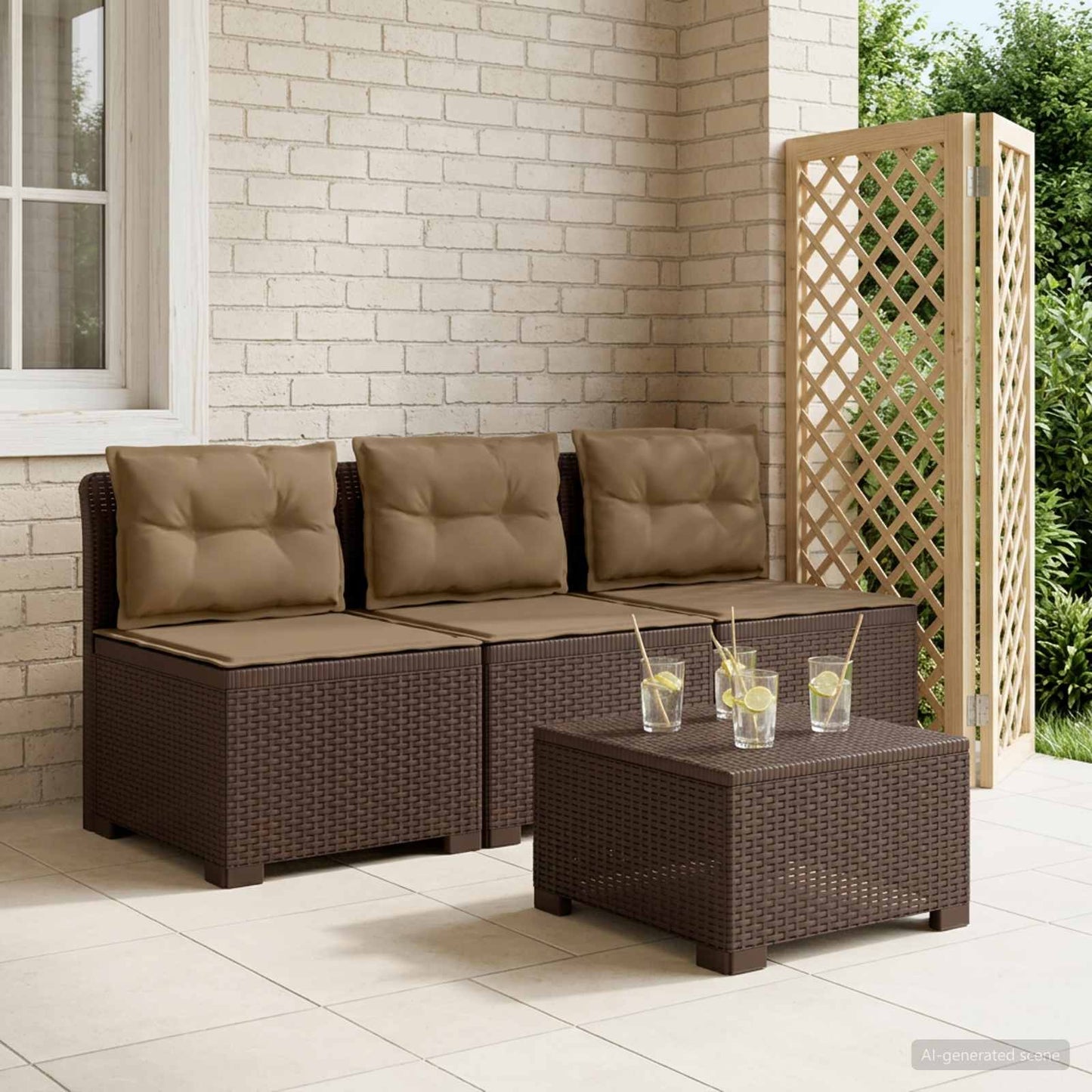 3-zits tuinbank met kussens in rattanlook PP Bruin is nu te koop bij PeponiXL, paradijselijk wonen!