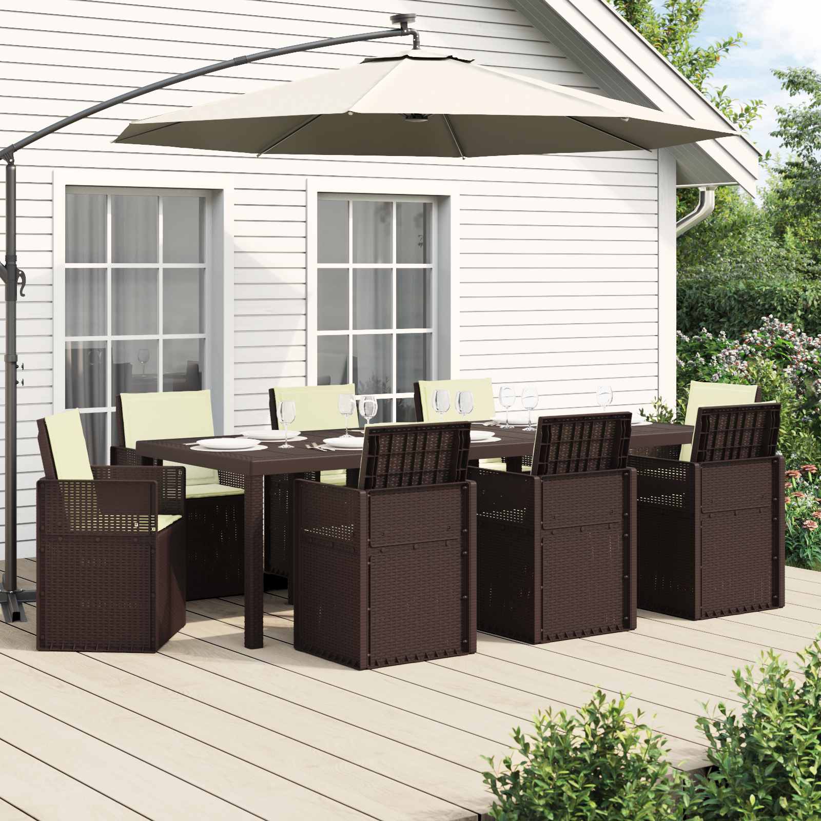 Tuin eettafelset met kussen 9 pcs Bruin en crèmekleurig PP is nu te koop bij PeponiXL, paradijselijk wonen!