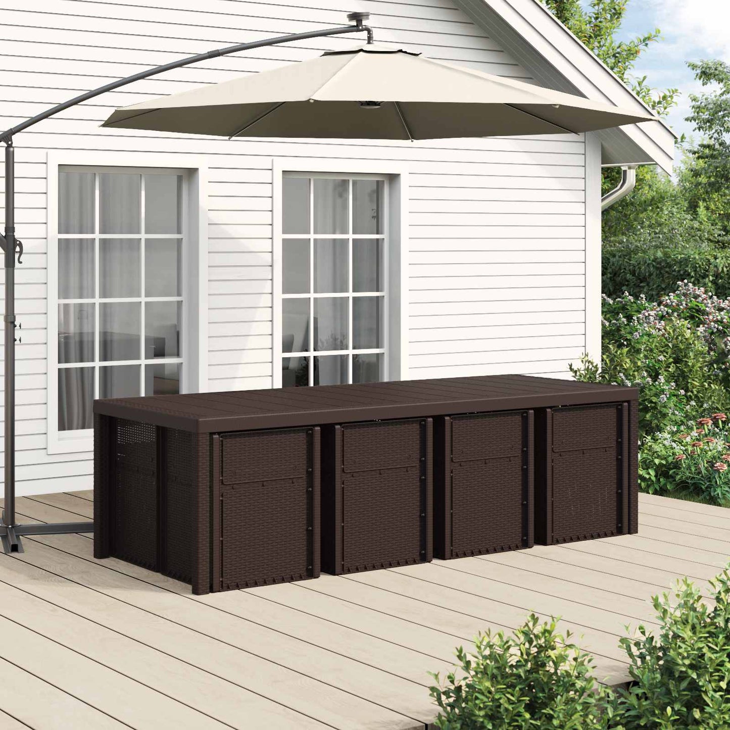 Tuin eettafelset met kussen 9 pcs Bruin en crèmekleurig PP is nu te koop bij PeponiXL, paradijselijk wonen!