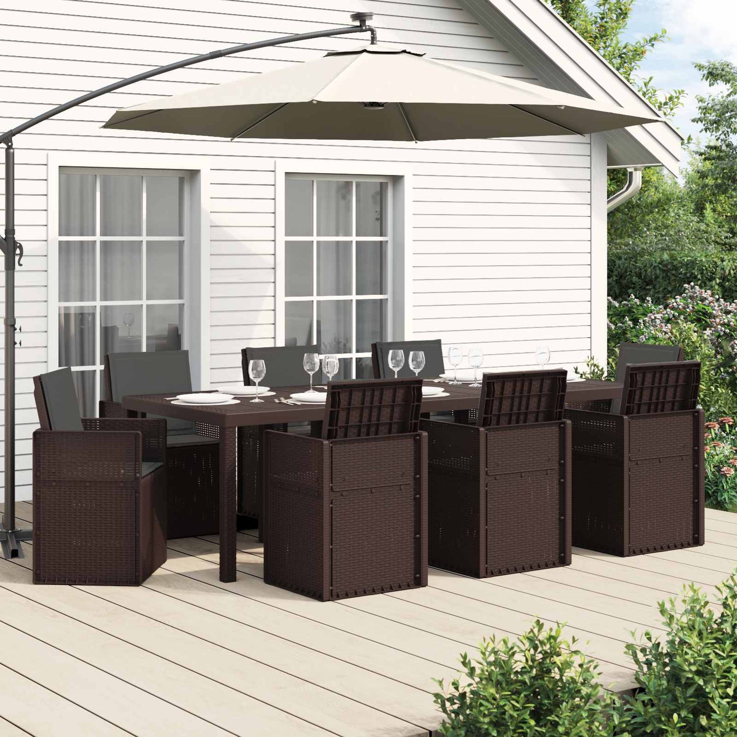 Tuin eettafelset met kussen 9 pcs Bruin en antracietkleurig PP is nu te koop bij PeponiXL, paradijselijk wonen!