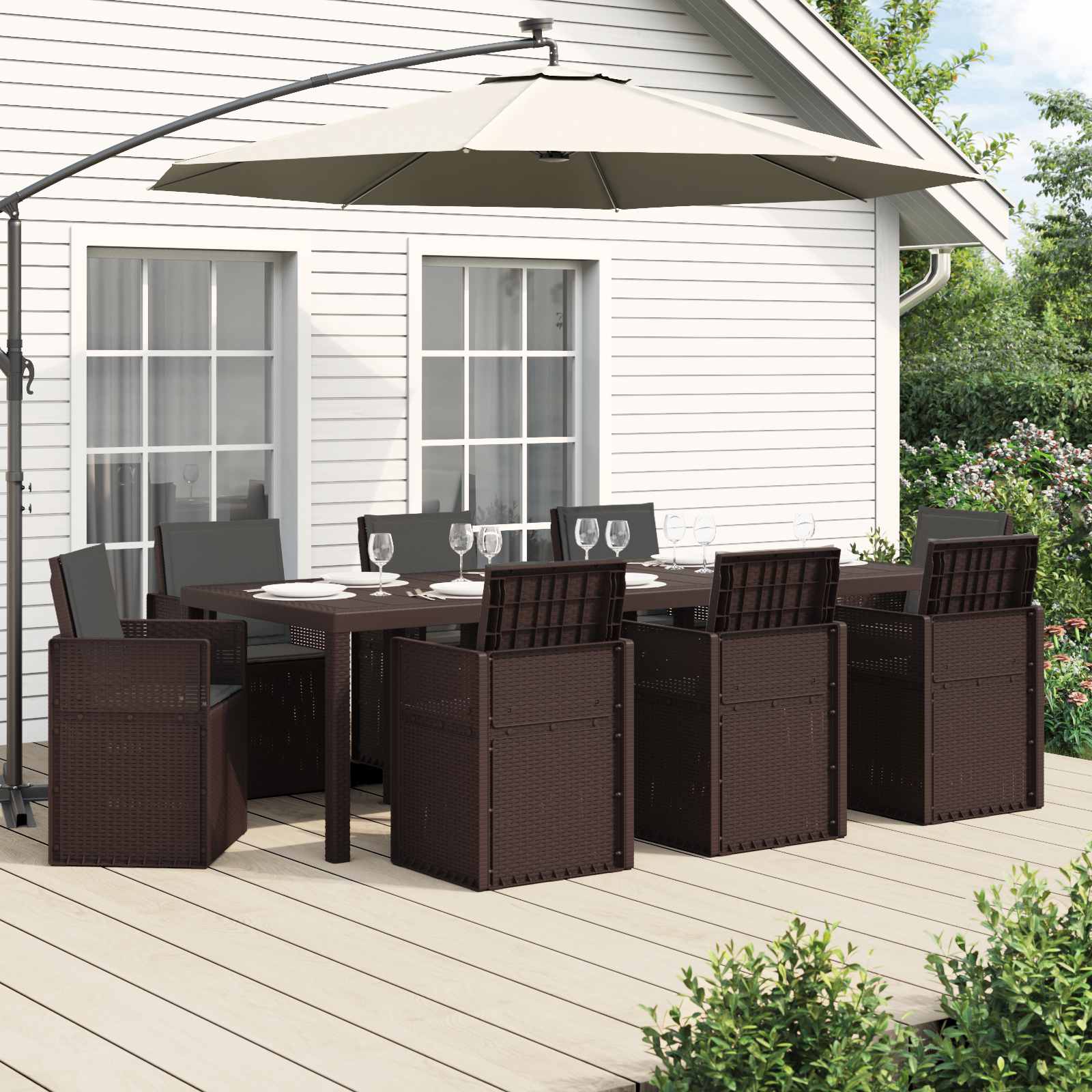 Tuin eettafelset met kussen 9 pcs Bruin en antracietkleurig PP is nu te koop bij PeponiXL, paradijselijk wonen!