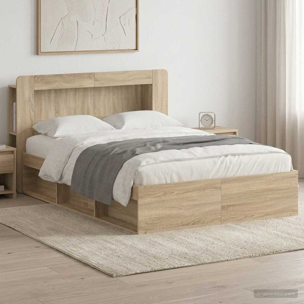 Bedframe met opslag Sonoma Eiken 140 x 200 cm Bewerkt hout is nu te koop bij PeponiXL, paradijselijk wonen!
