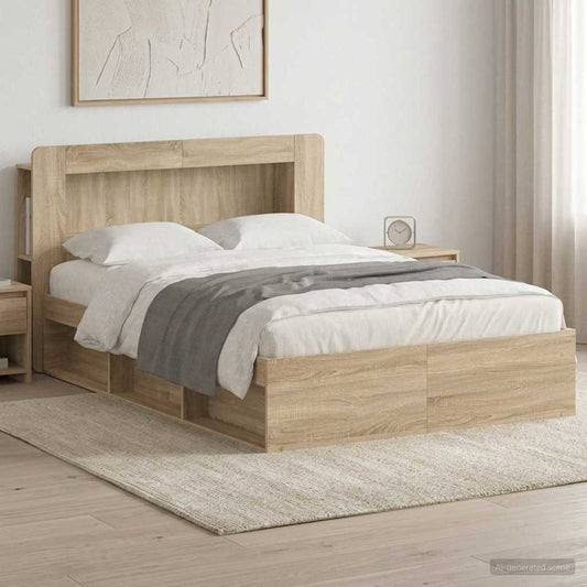 Bedframe met opslag Sonoma Eiken 140 x 200 cm Bewerkt hout is nu te koop bij PeponiXL, paradijselijk wonen!