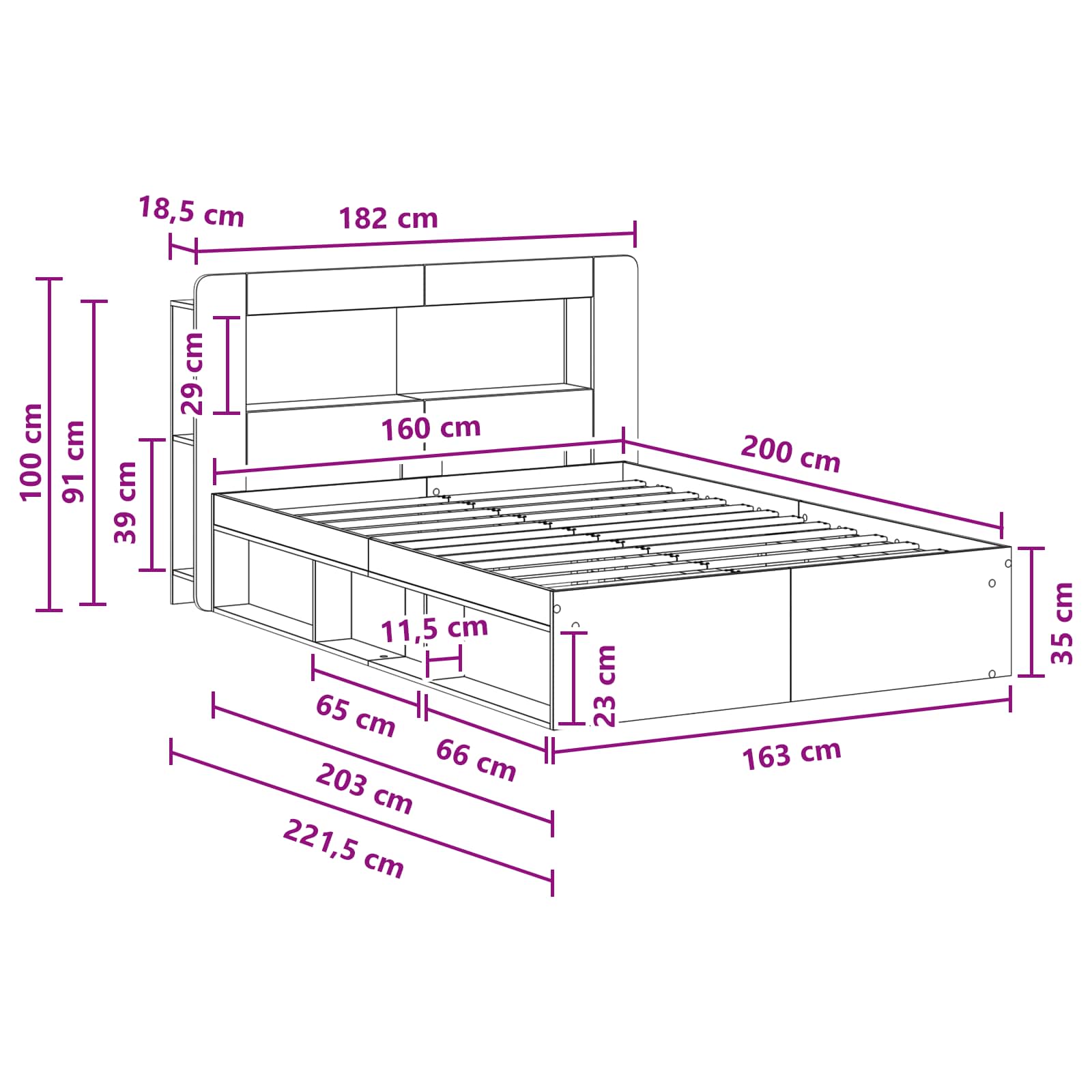 Bedframe met opslag Sonoma Eiken 160 x 200 cm Bewerkt hout is nu te koop bij PeponiXL, paradijselijk wonen!