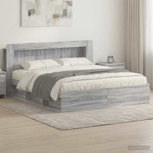 Bedframe met opslag Grijs Sonoma 200 x 200 cm Bewerkt hout is nu te koop bij PeponiXL, paradijselijk wonen!