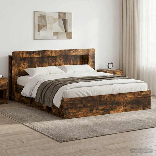 Bedframe met opslag Gerookt eiken 200 x 200 cm Bewerkt hout is nu te koop bij PeponiXL, paradijselijk wonen!