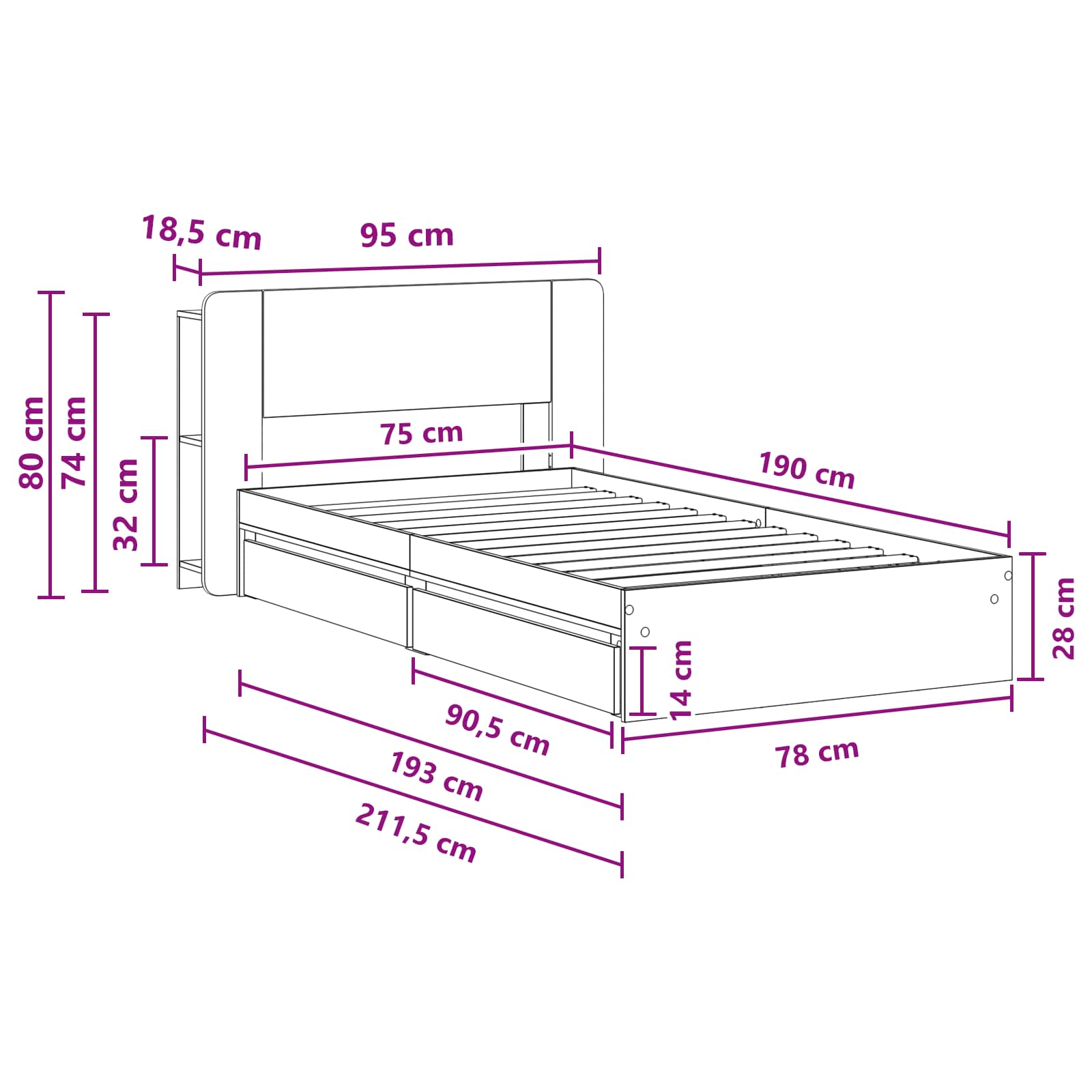 Bedframe met opslag met lade Zwart 75 x 190 cm Bewerkt hout is nu te koop bij PeponiXL, paradijselijk wonen!