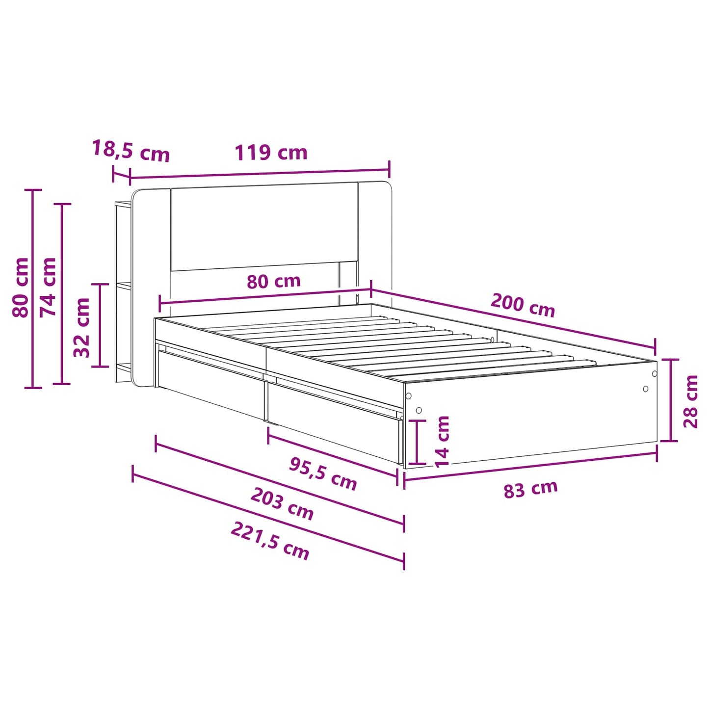 Bedframe met opslag Gerookt eiken 100 x 200 cm Bewerkt hout is nu te koop bij PeponiXL, paradijselijk wonen!