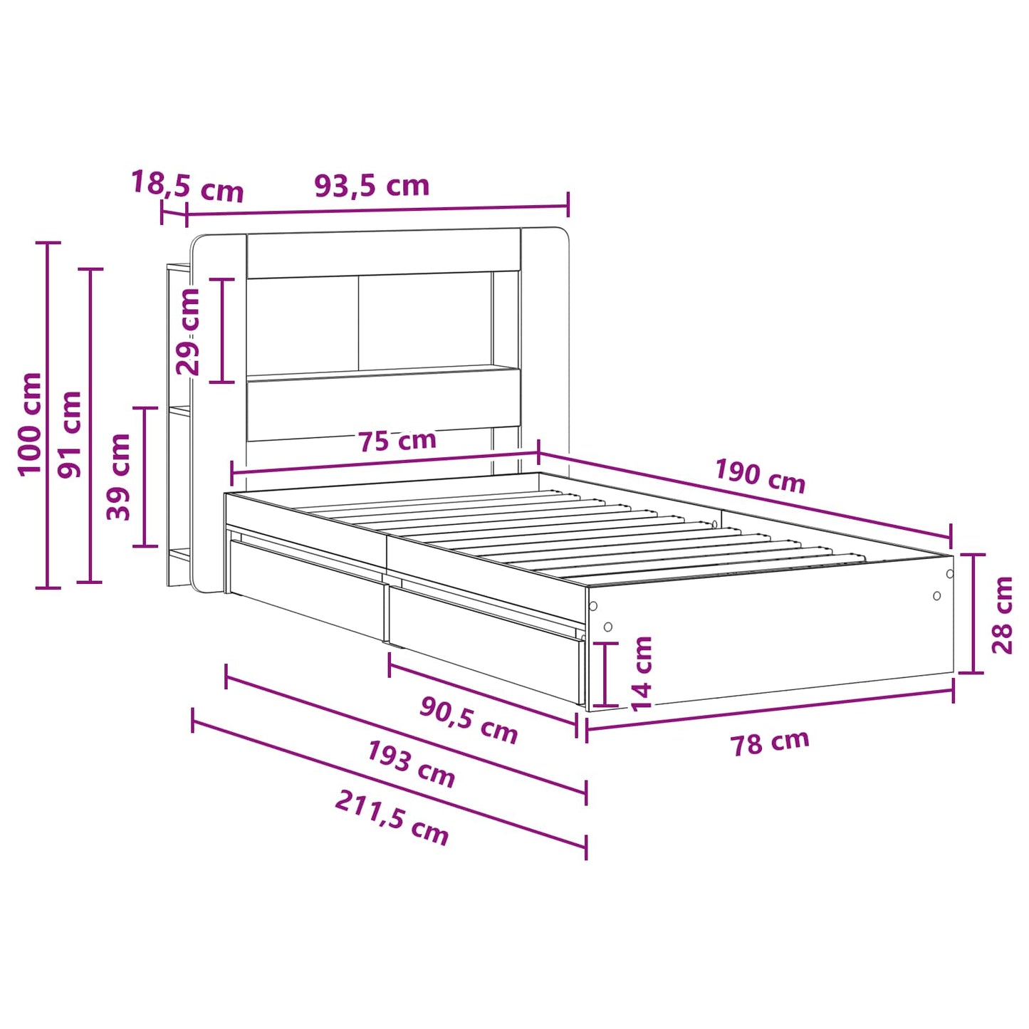 Bedframe met opslag Gerookt eiken 75 x 190 cm Bewerkt hout is nu te koop bij PeponiXL, paradijselijk wonen!