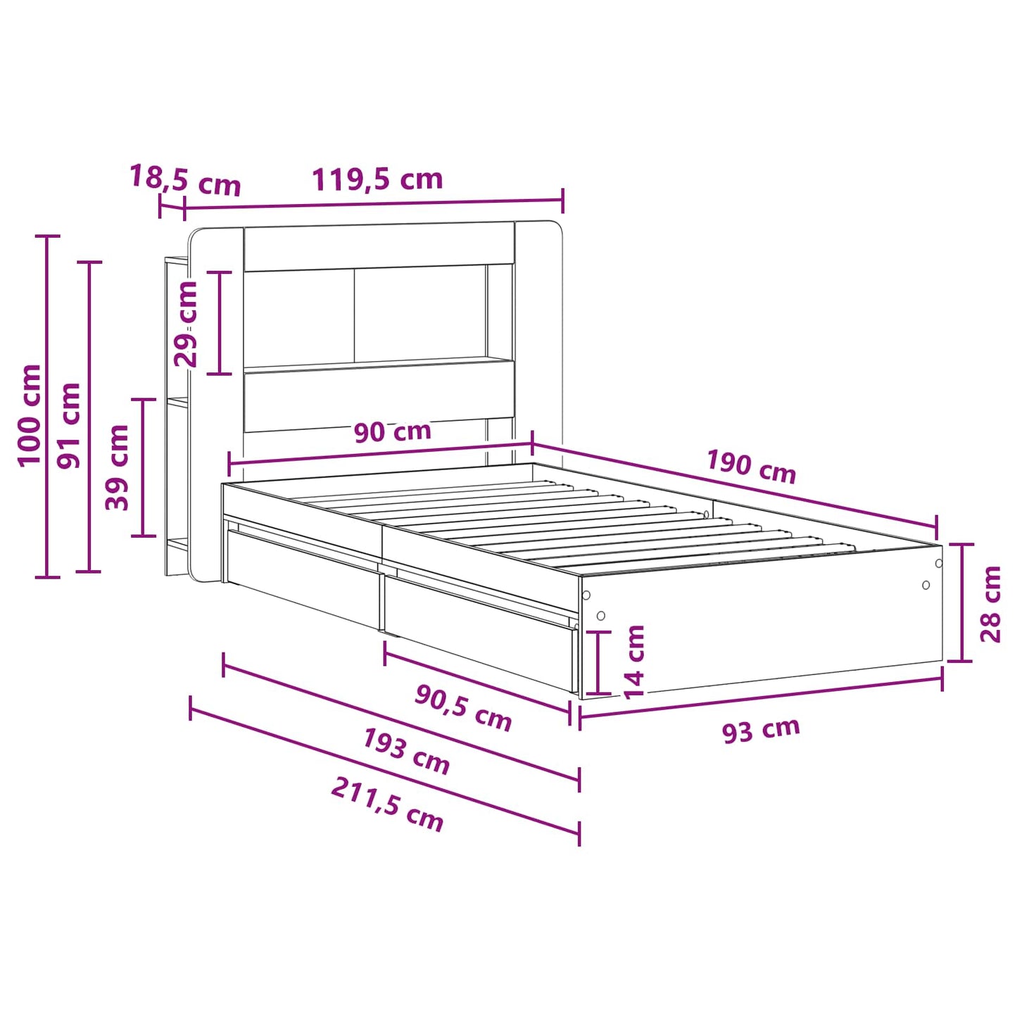 Bedframe met opslag Betongrijs 90 x 190 cm Bewerkt hout is nu te koop bij PeponiXL, paradijselijk wonen!