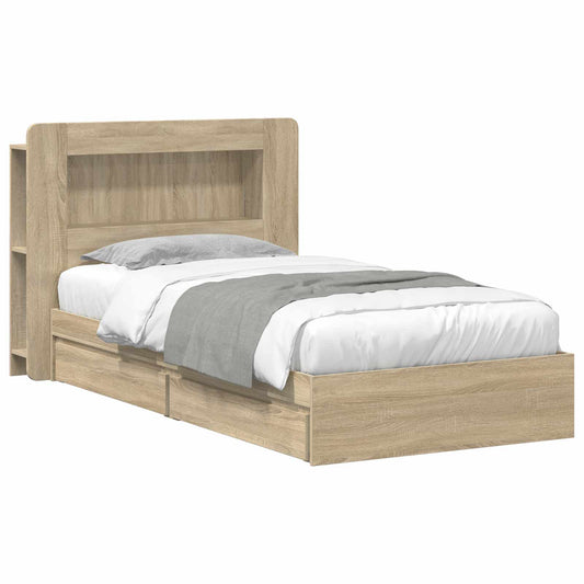 Bedframe met opslag Sonoma Eiken 90 x 190 cm Bewerkt hout is nu te koop bij PeponiXL, paradijselijk wonen!