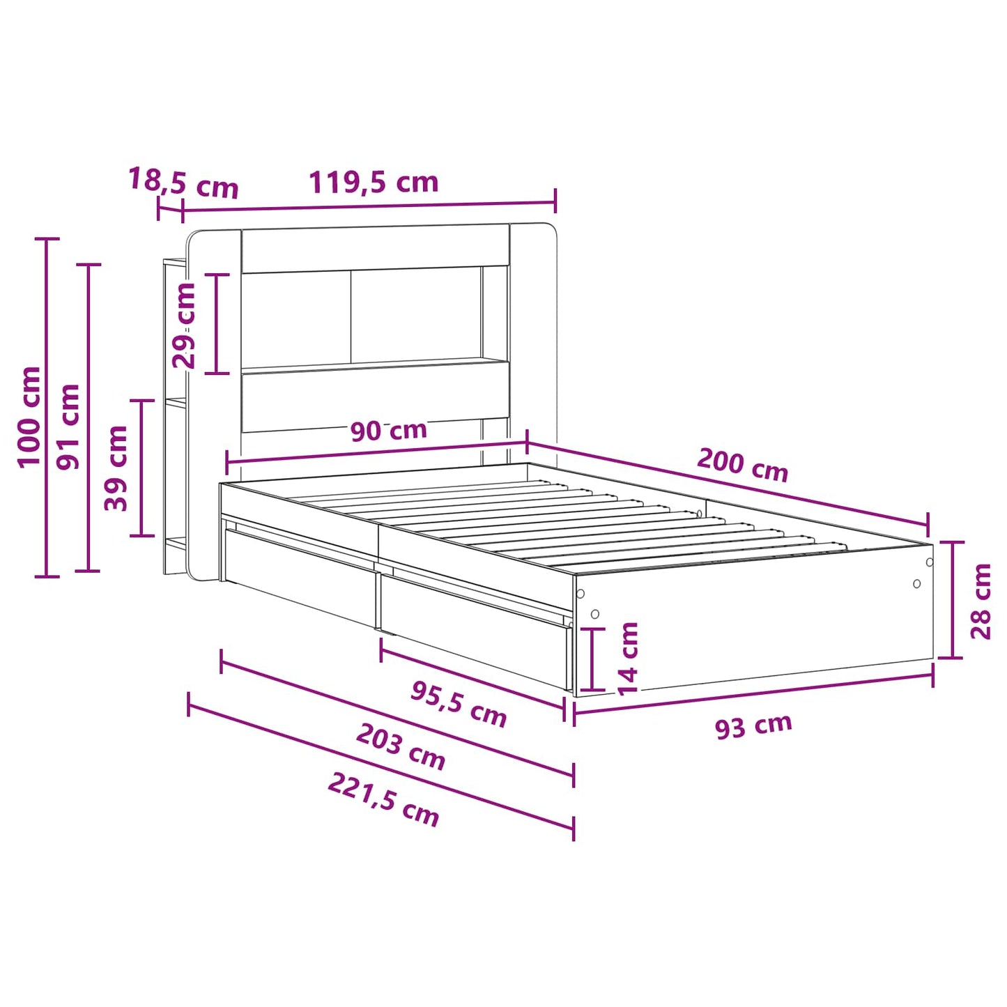 Bedframe met opslag Gerookt eiken 90 x 200 cm Bewerkt hout is nu te koop bij PeponiXL, paradijselijk wonen!