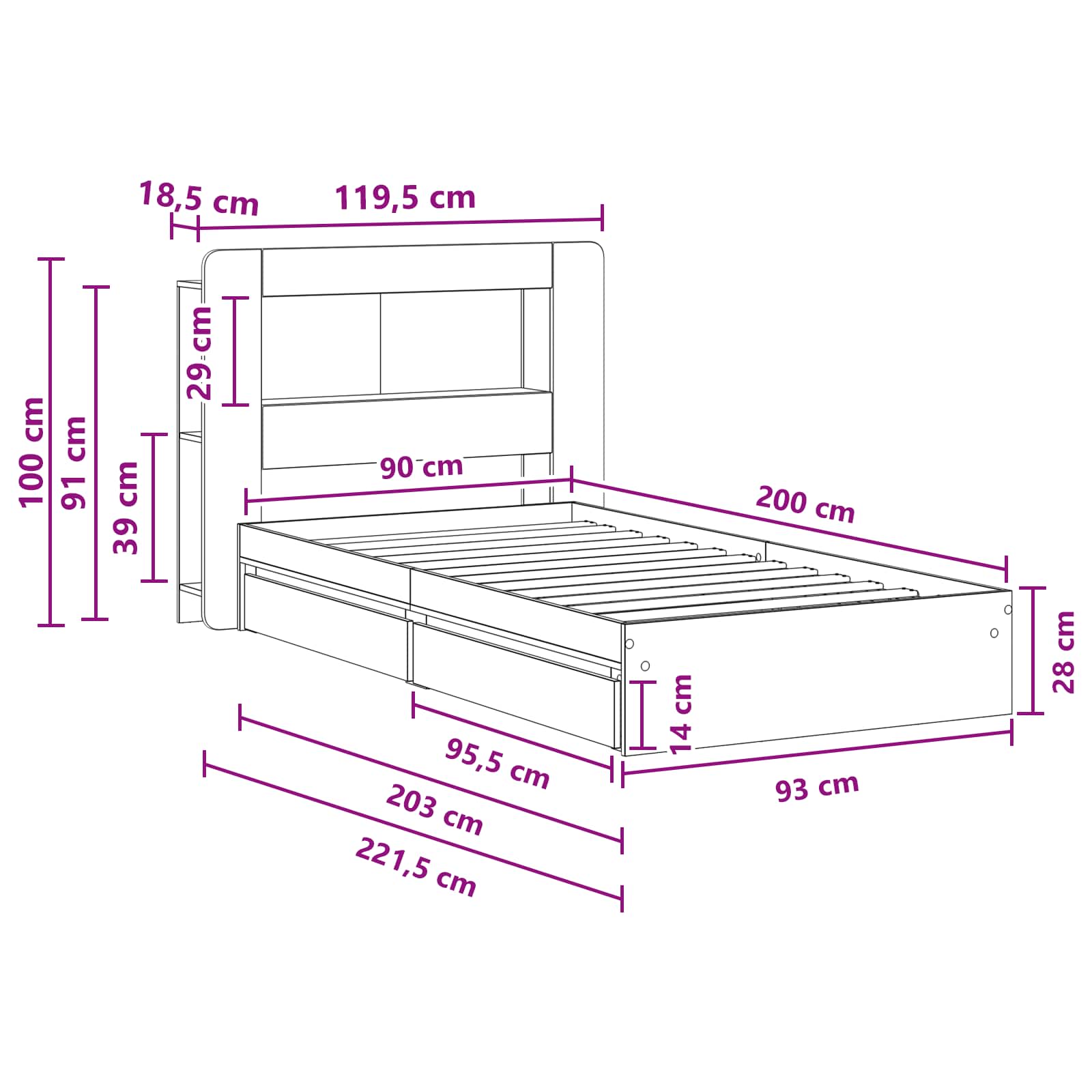 Bedframe met opslag Gerookt eiken 90 x 200 cm Bewerkt hout is nu te koop bij PeponiXL, paradijselijk wonen!