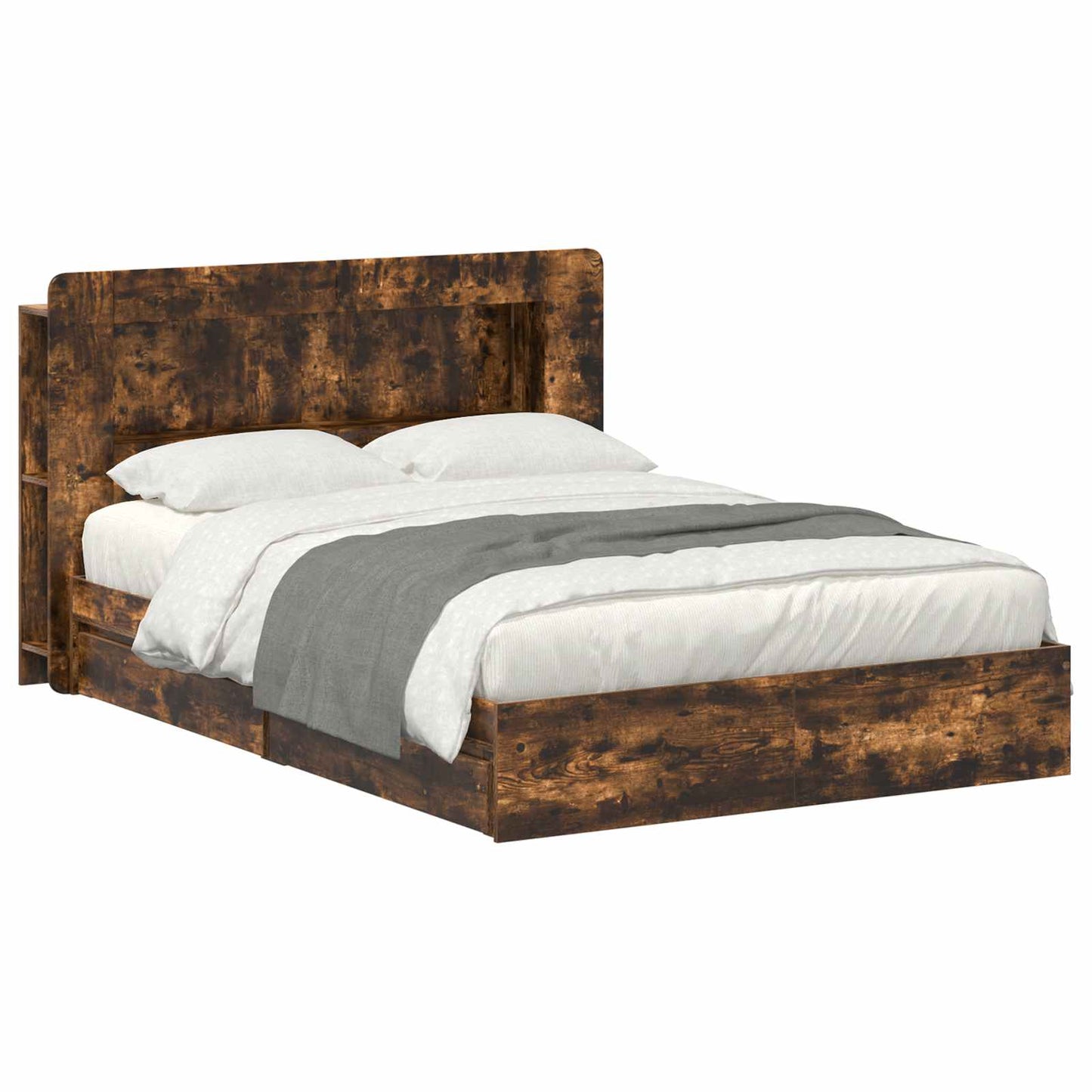 Bedframe met opslag Gerookt eiken 135 x 190 cm Bewerkt hout is nu te koop bij PeponiXL, paradijselijk wonen!