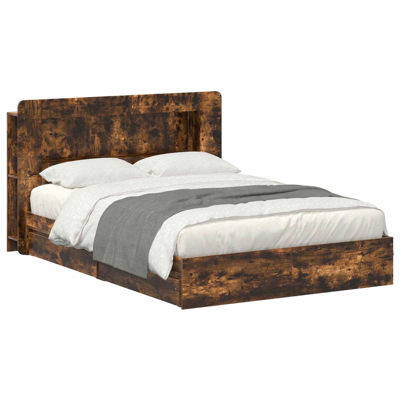 Bedframe met opslag Gerookt eiken 135 x 190 cm Bewerkt hout is nu te koop bij PeponiXL, paradijselijk wonen!