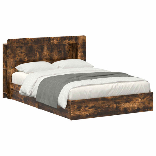 Bedframe met opslag Gerookt eiken 135 x 190 cm Bewerkt hout is nu te koop bij PeponiXL, paradijselijk wonen!